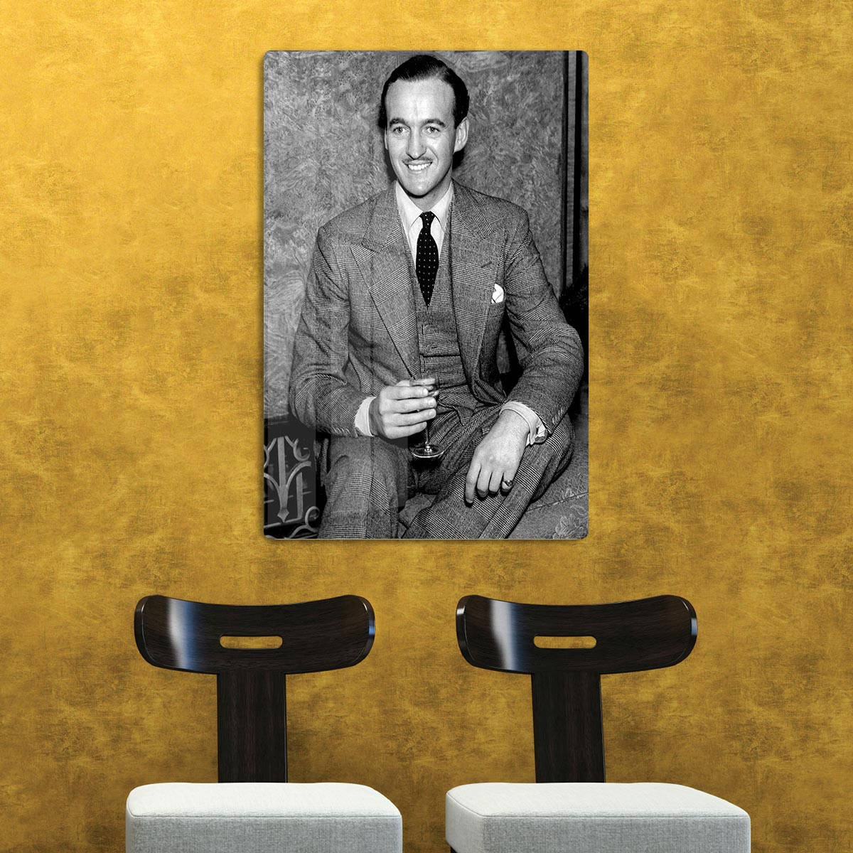 David Niven, golden yellow wall, vintage black and white portrait, SD Desktop Wallpaper