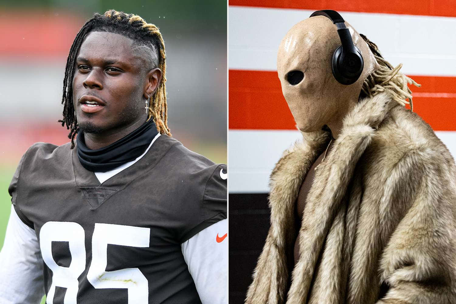 David Njoku, brown jersey, masked figure, HD Desktop Wallpaper