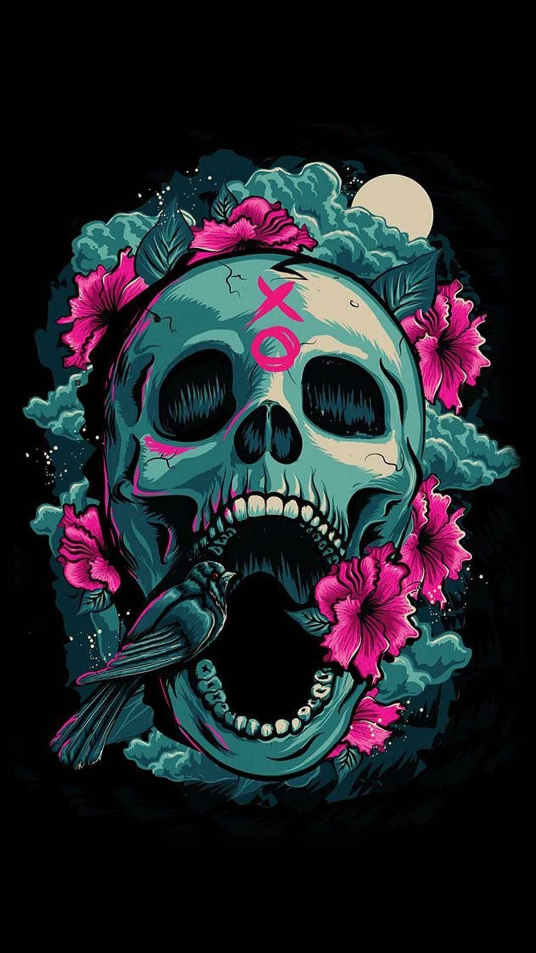 Day Of The Dead, teal skull, pink flowers, Full HD Phone Wallpaper
