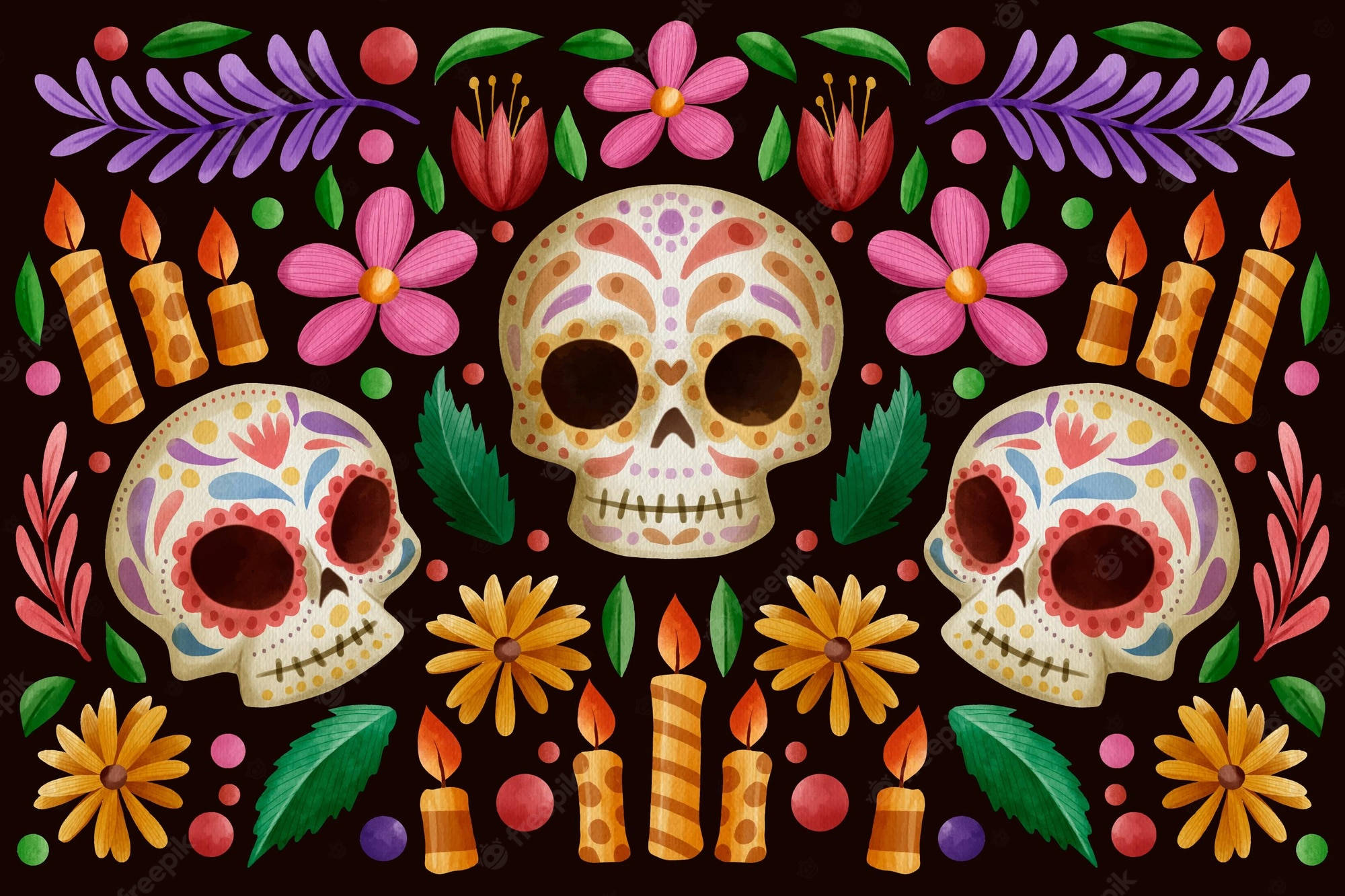 Day Of The Dead, sugar skulls, colorful flowers, Full HD Desktop Wallpaper