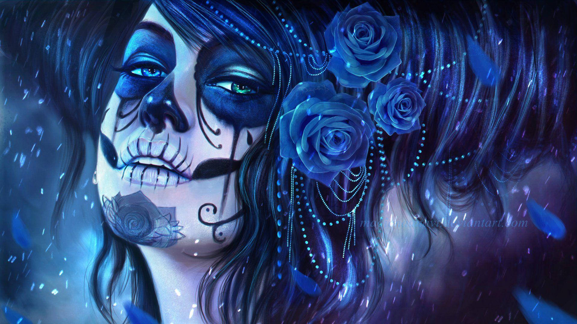 Day Of The Dead, midnight blue, sugar skull makeup, Full HD Desktop Wallpaper