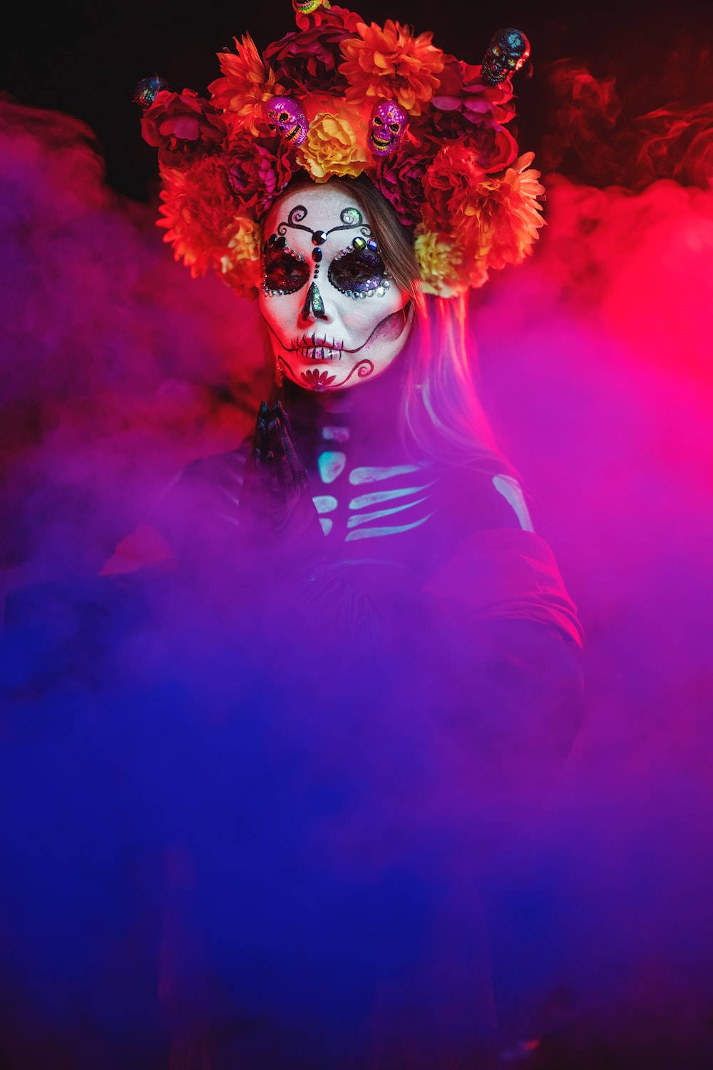 Day Of The Dead, sugar skull makeup, floral crown, HD Phone Wallpaper