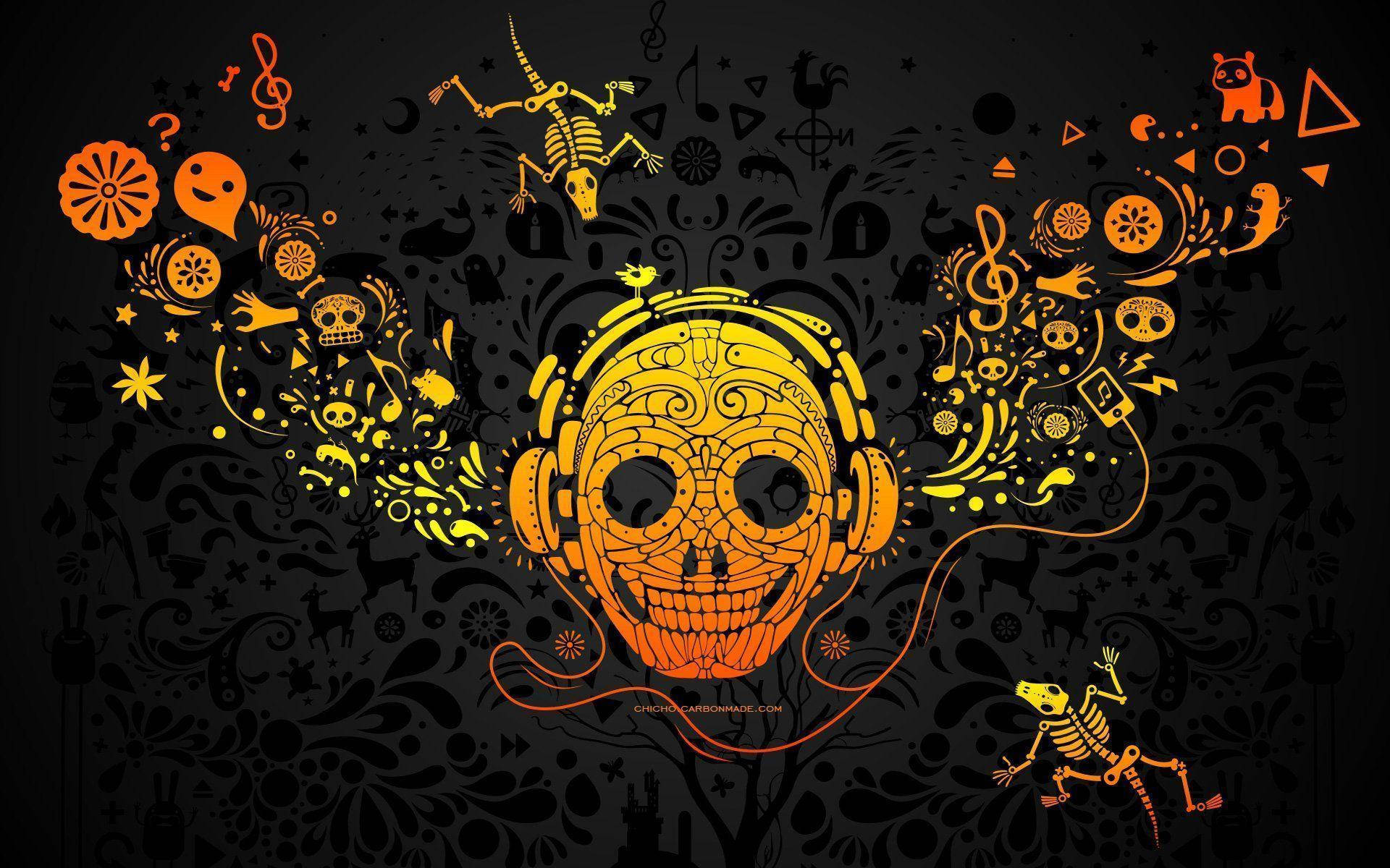 musical day of the dead theme, orange sugar skull, headphones, Full HD Desktop Wallpaper