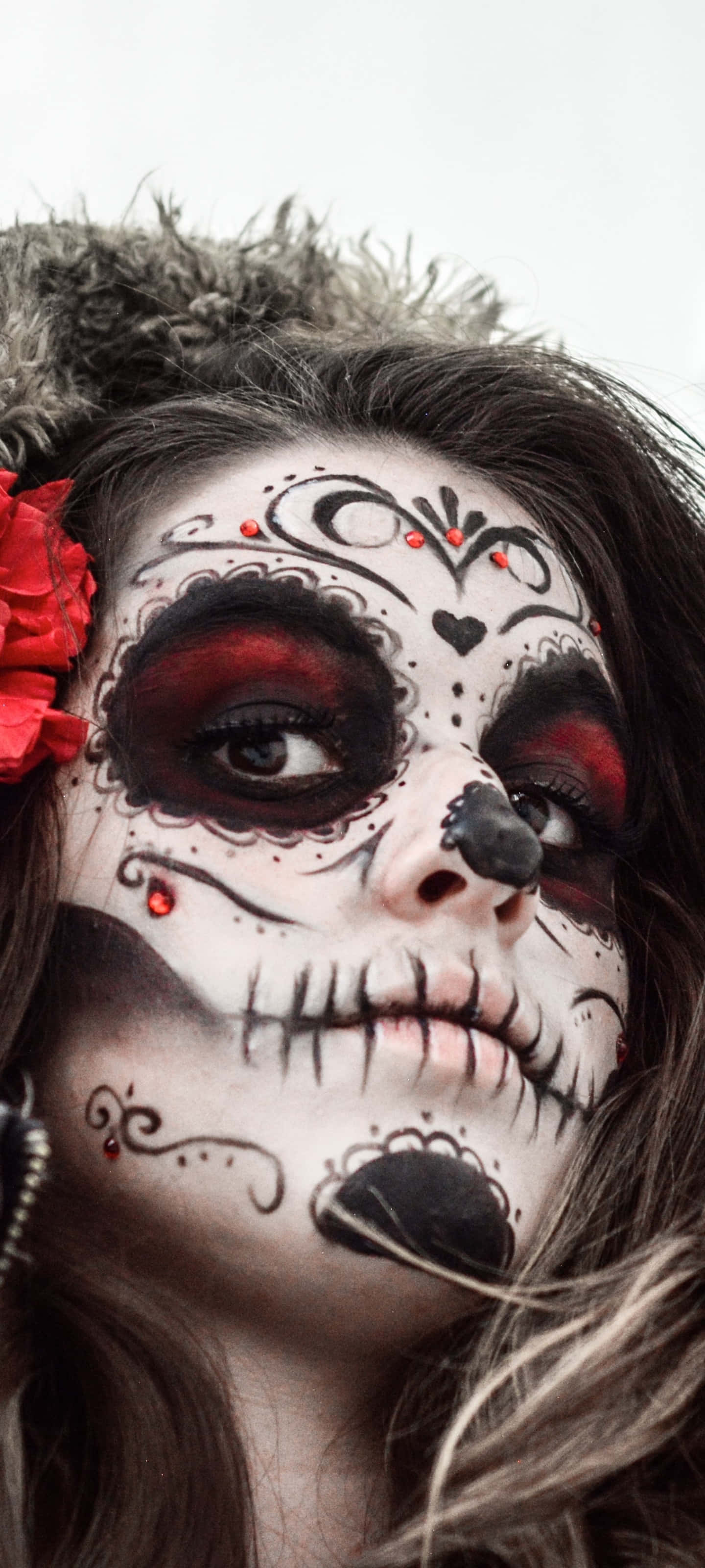 la calavera, sugar skull makeup, red accents, 2K Phone Wallpaper