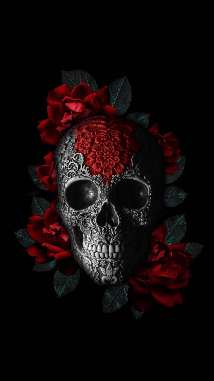 silver skull, intricate floral patterns, vivid red roses, HD Phone Wallpaper
