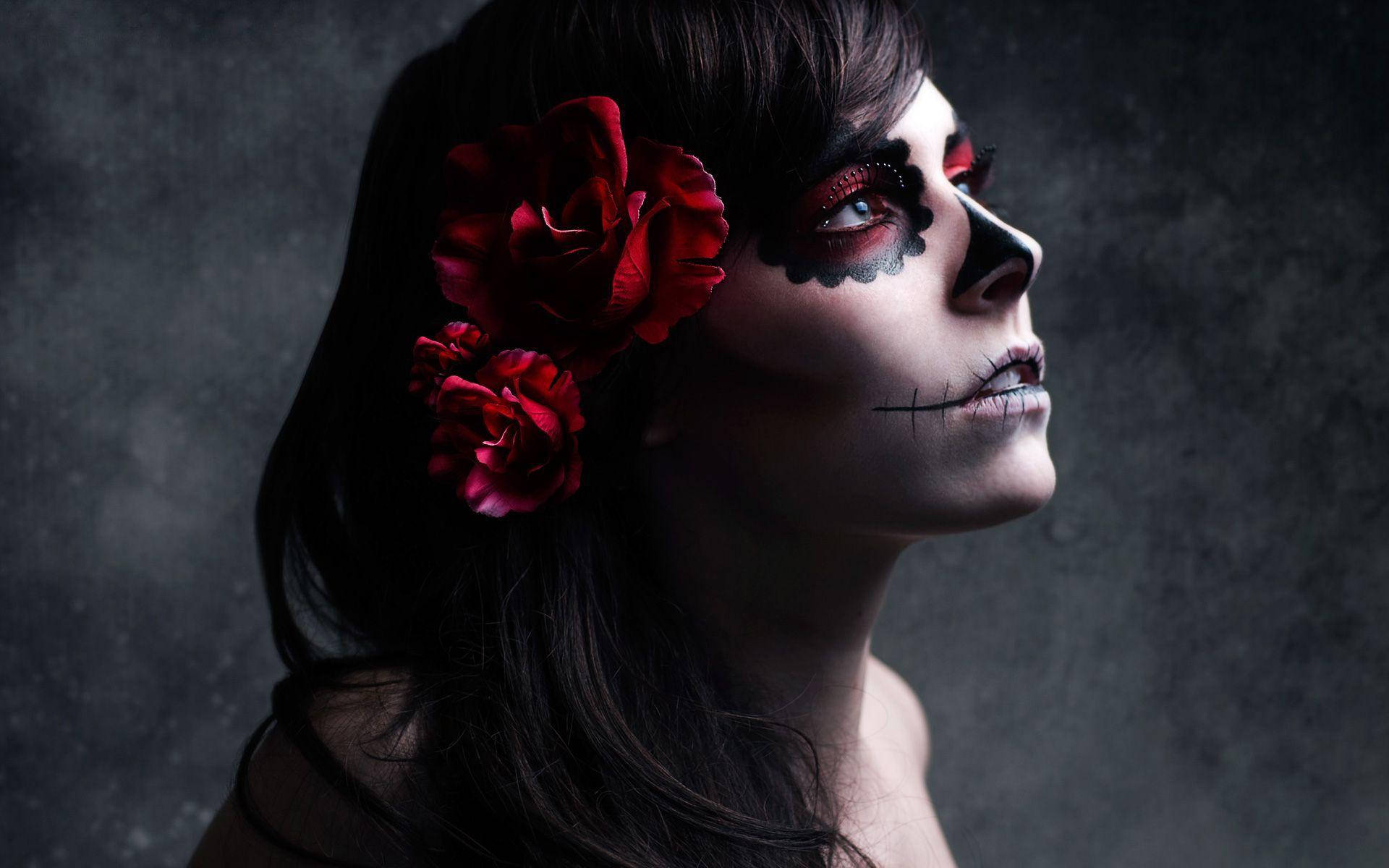 Day Of The Dead, sugar skull makeup, red roses, Full HD Desktop Wallpaper