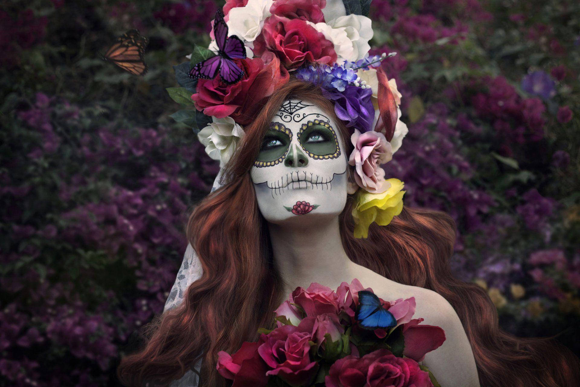 Day Of The Dead, sugar skull makeup, floral crown, Full HD Desktop Wallpaper