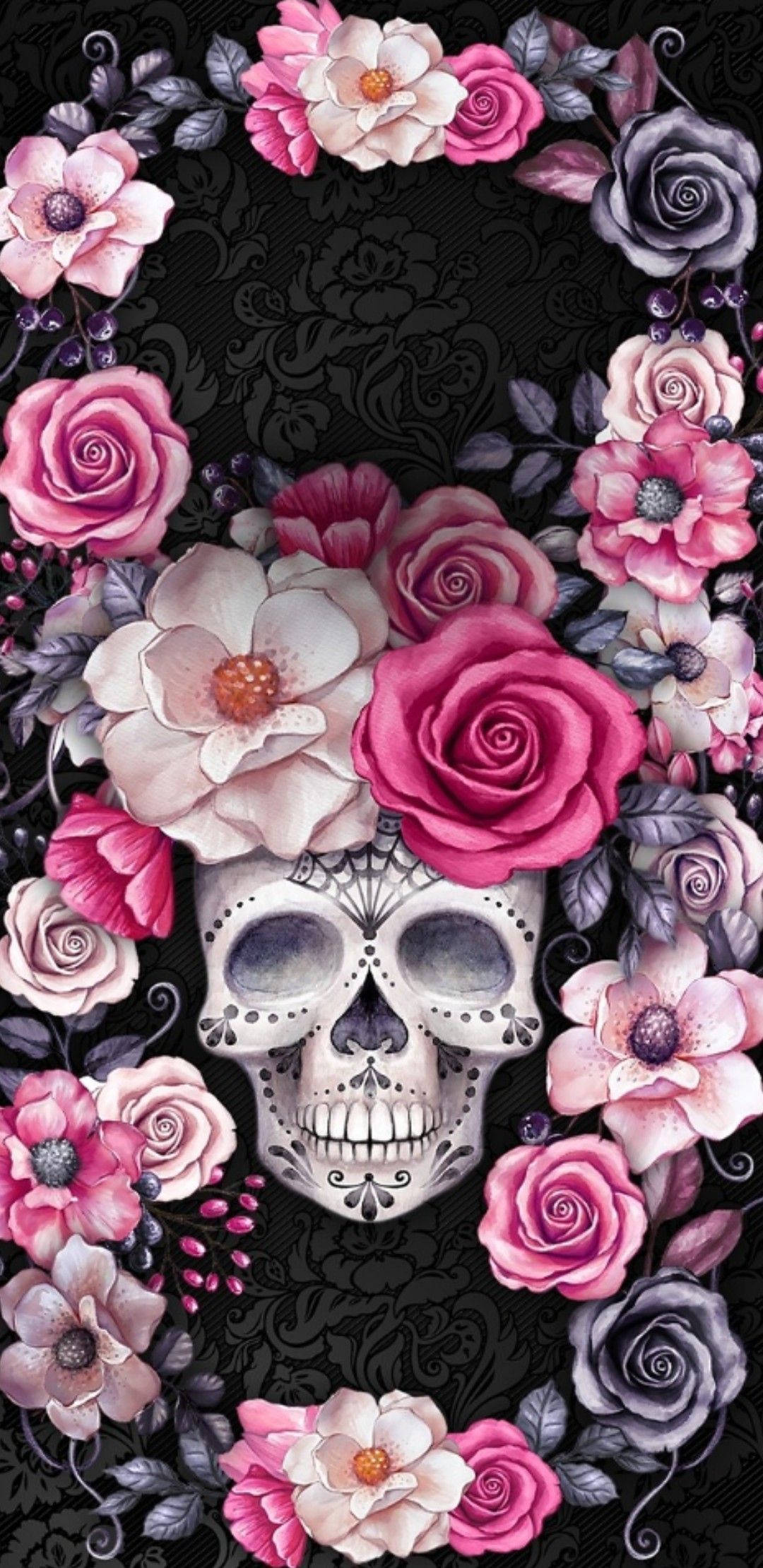 pink roses, Day Of The Dead, sugar skull, Full HD Phone Wallpaper