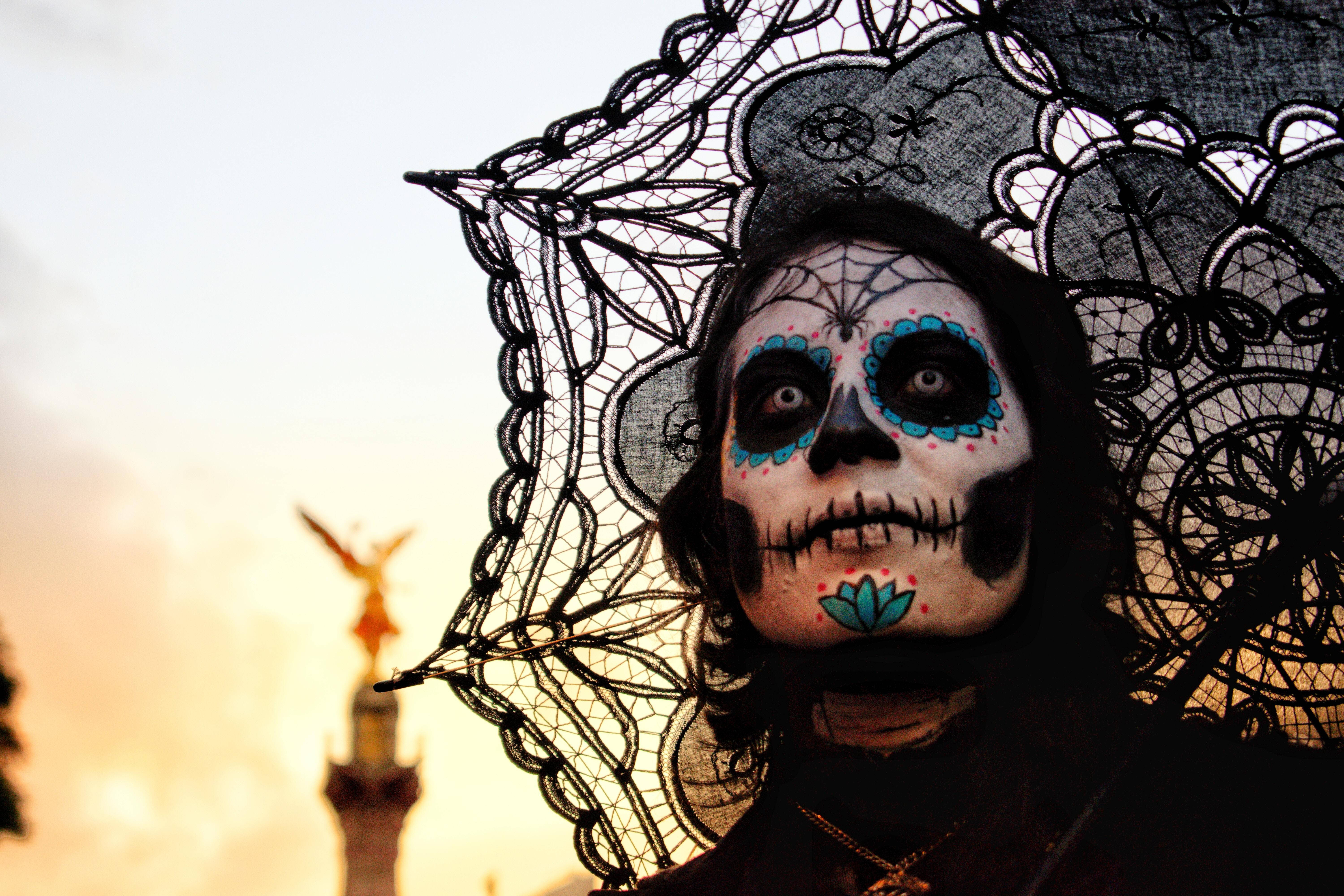 sugar skull makeup, lace parasol, warm sunset backdrop, 5K Desktop Wallpaper