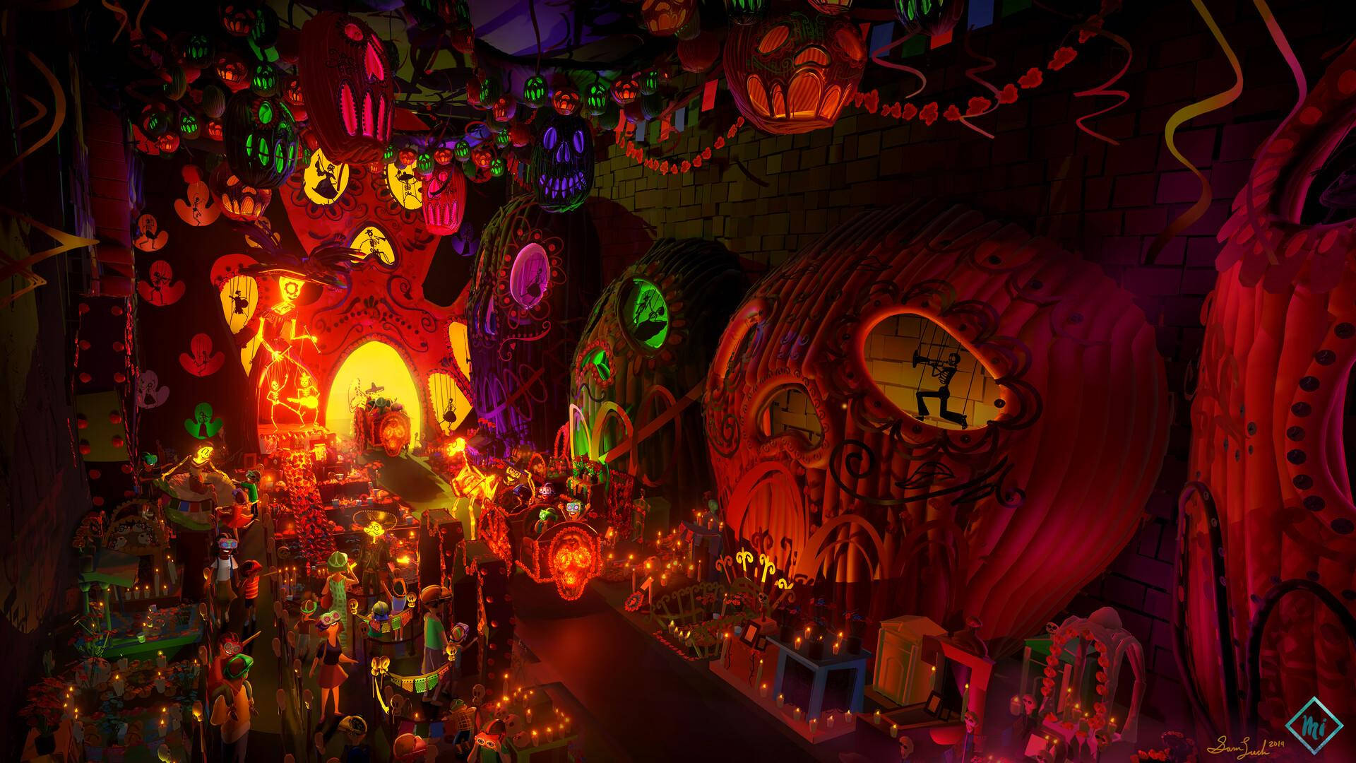 Day Of The Dead, giant skulls, colorful lanterns, Full HD Desktop Wallpaper