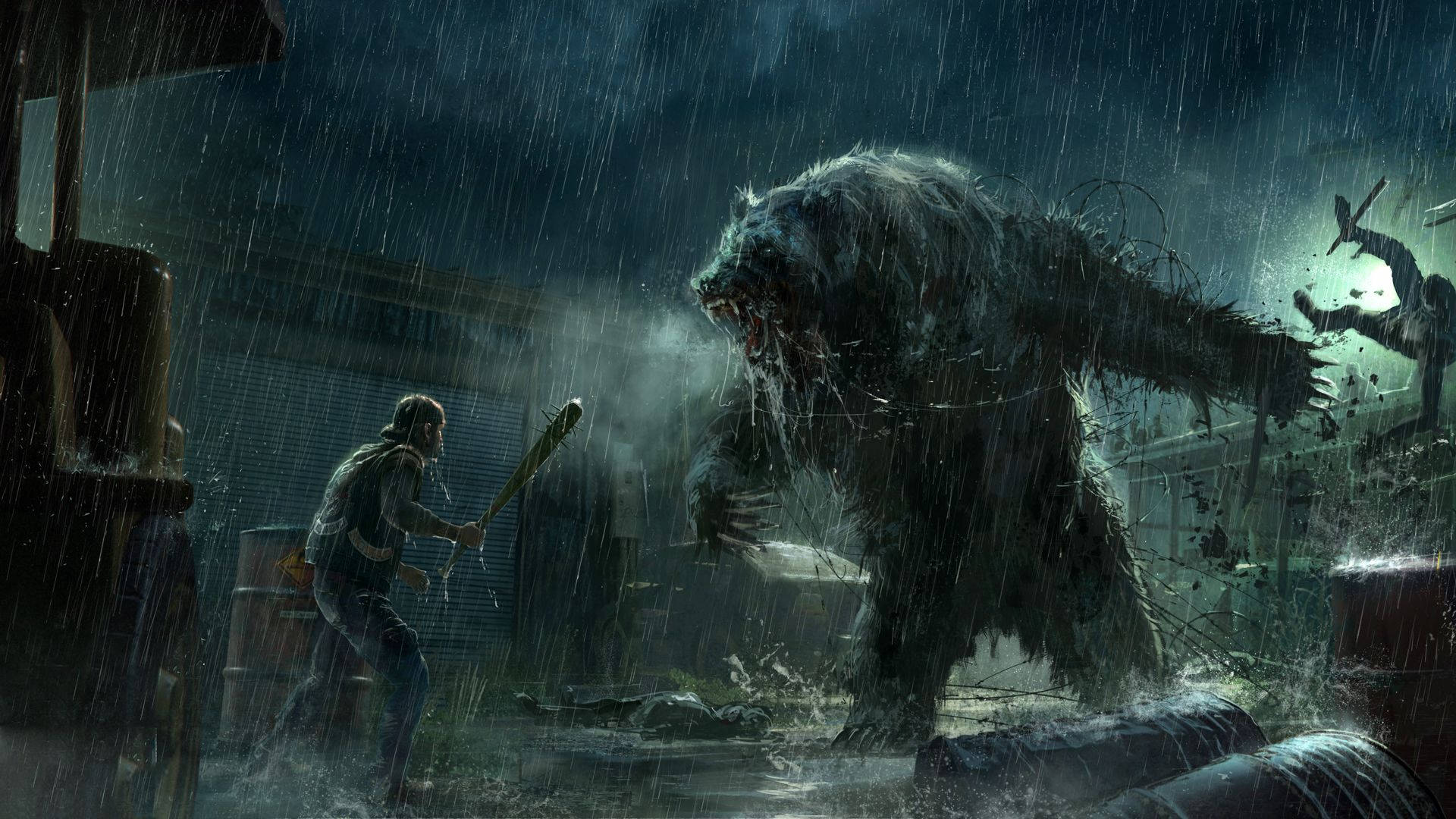 Days Gone, wild bear, rain-soaked industrial ruin, Full HD Desktop Wallpaper