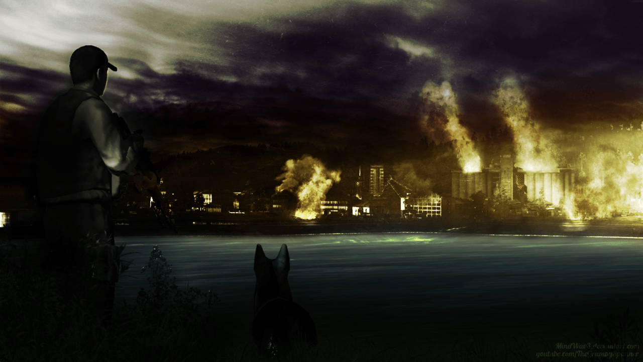 DayZ, burning city, lone figure, HD Desktop Wallpaper