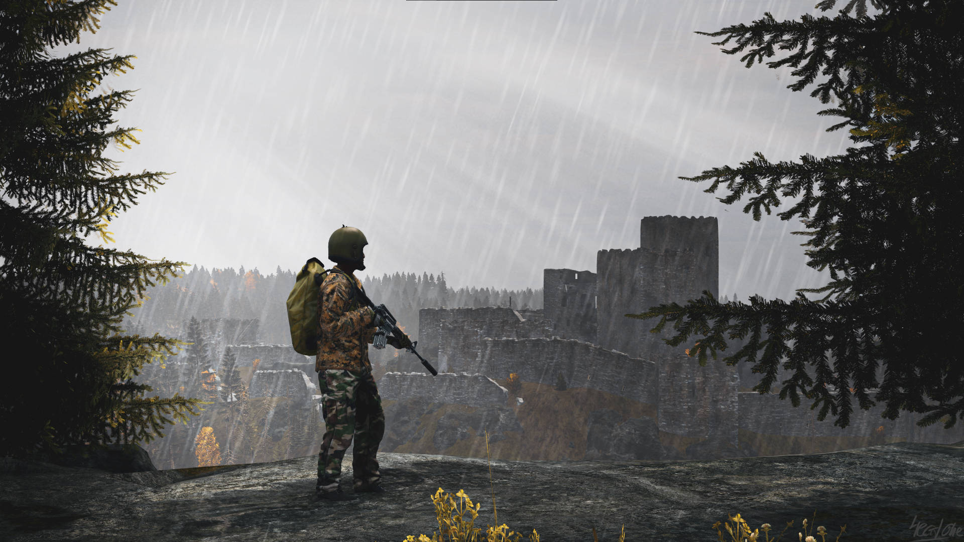DayZ, rain-slicked hill, ruined stone castle, Full HD Desktop Wallpaper