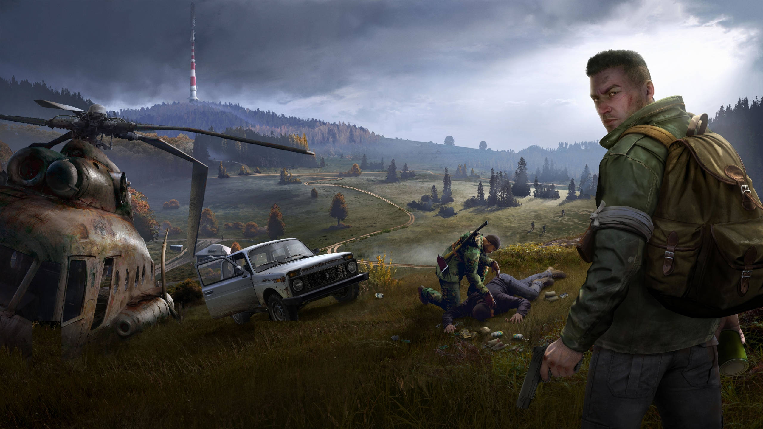 DayZ, fallen helicopter, soldier, 2K Desktop Wallpaper