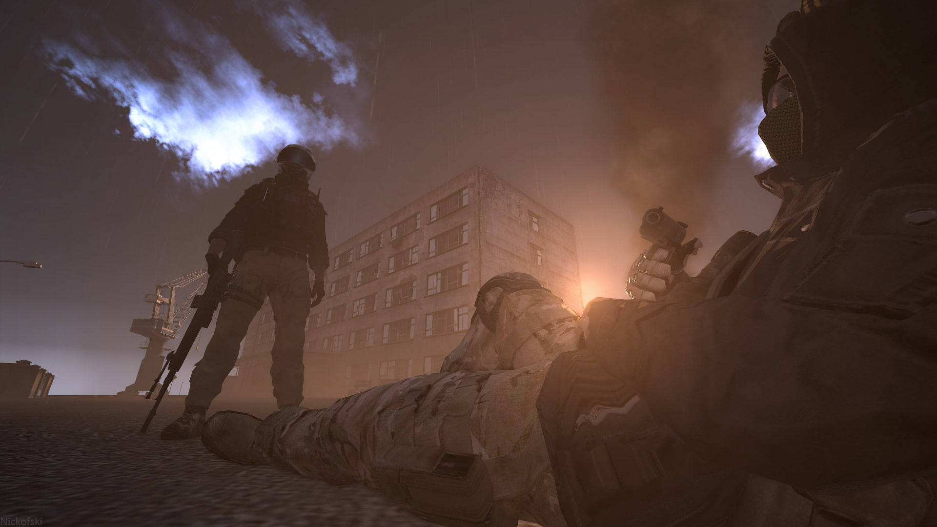 DayZ, tactical gear, smoky urban ruin, Full HD Desktop Wallpaper