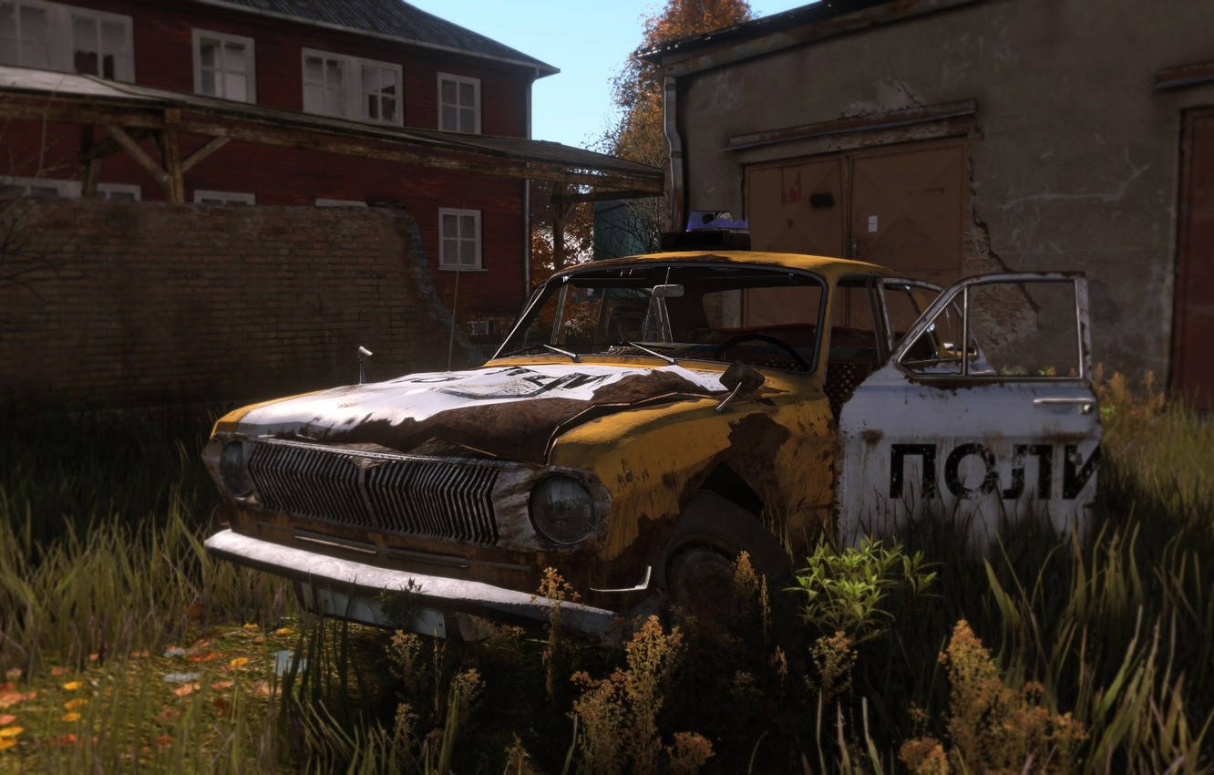 DayZ, abandoned taxi cab, rusted yellow police car, HD Desktop Wallpaper