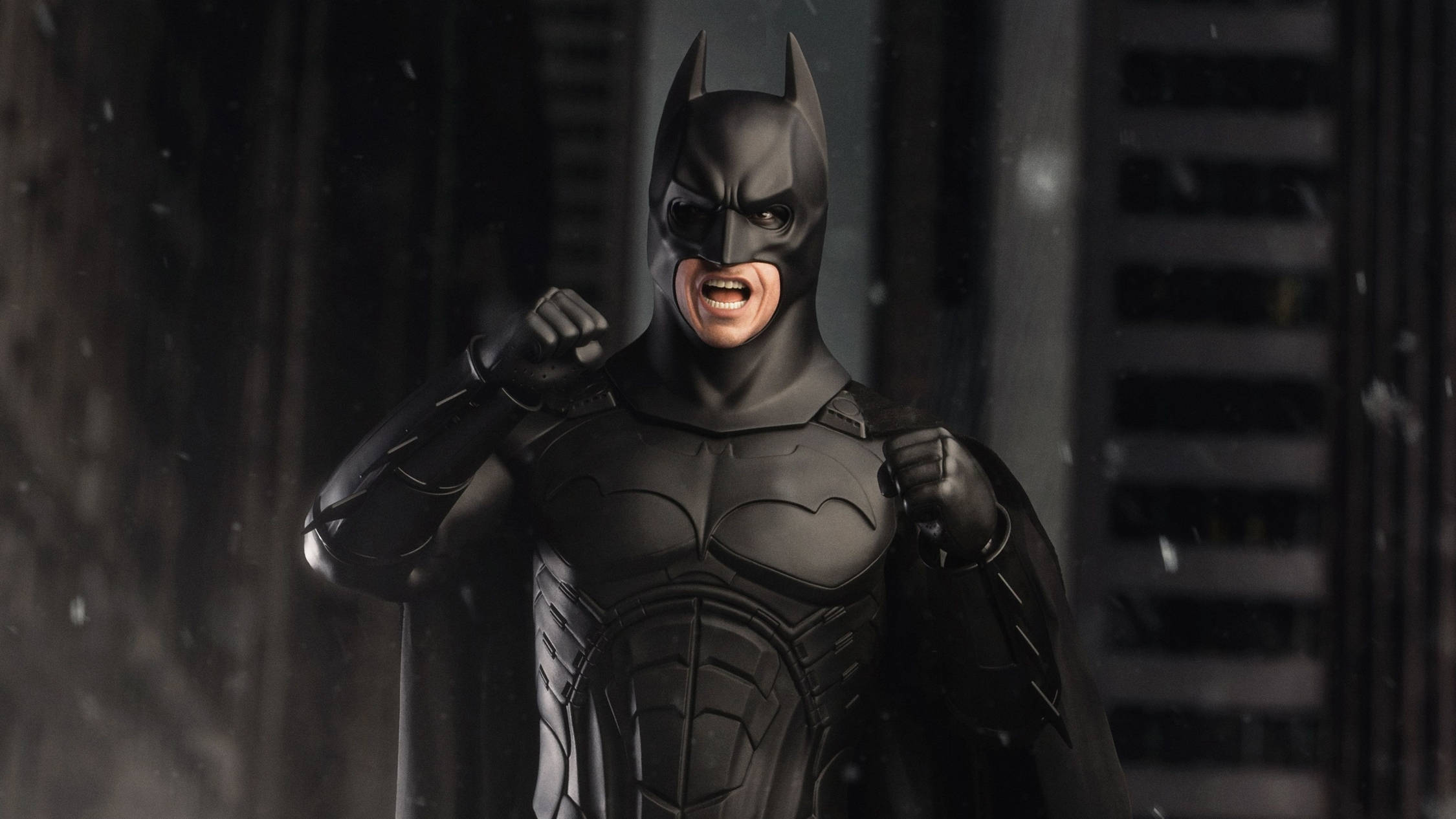 Batman, gritty rain-soaked urban alleyway, dim lighting, Full HD Desktop Wallpaper