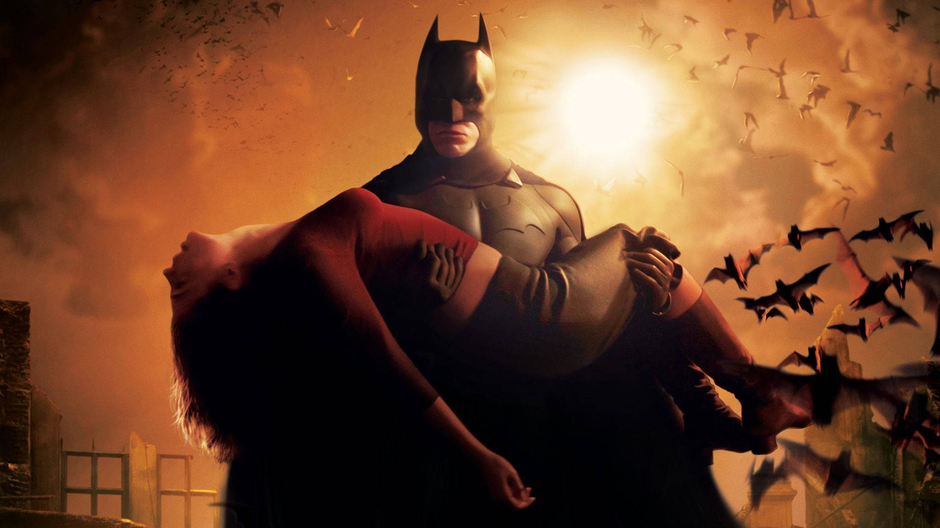 Batman, red dress, fiery orange sky, Full HD Desktop Wallpaper