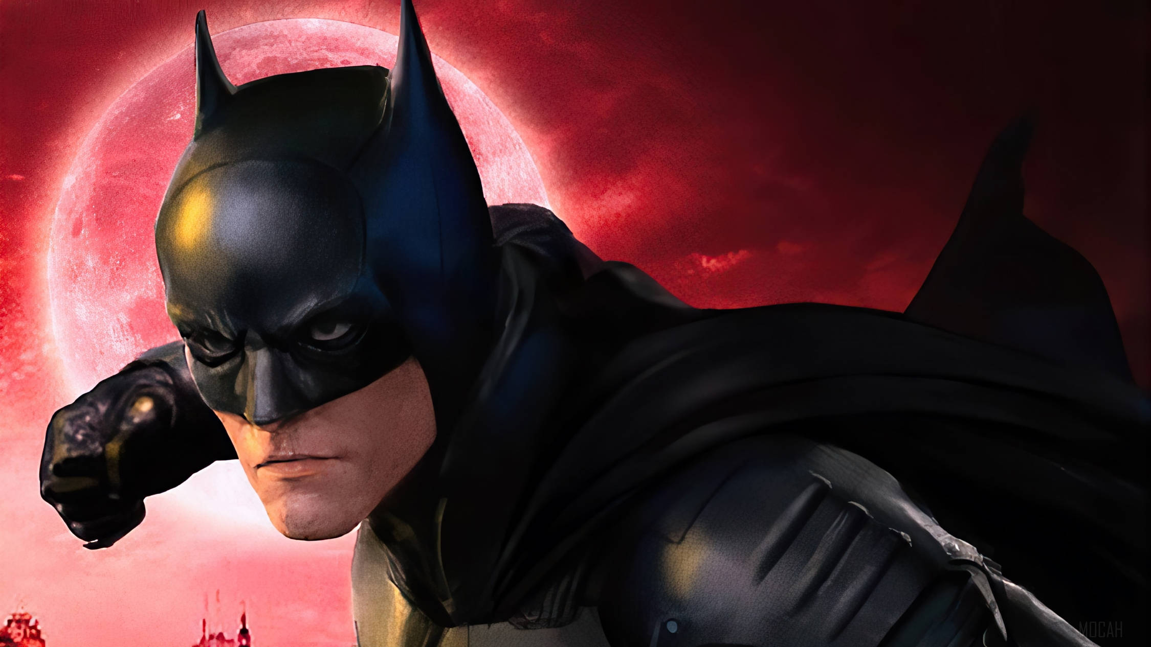 Batman, blood-red moonlit sky, cityscape, Full HD Desktop Wallpaper