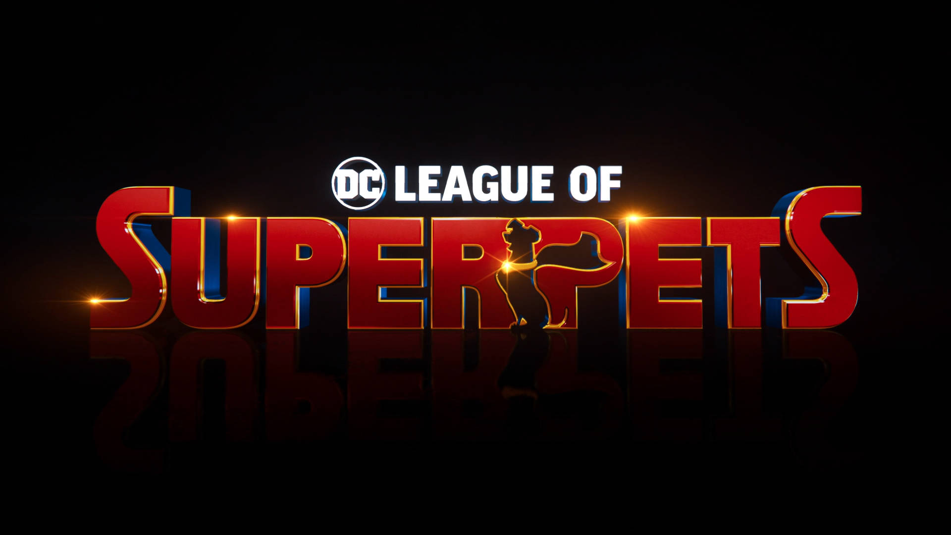 DC League of Super Pets, dog silhouette, glowing red 3D text, Full HD Desktop Wallpaper