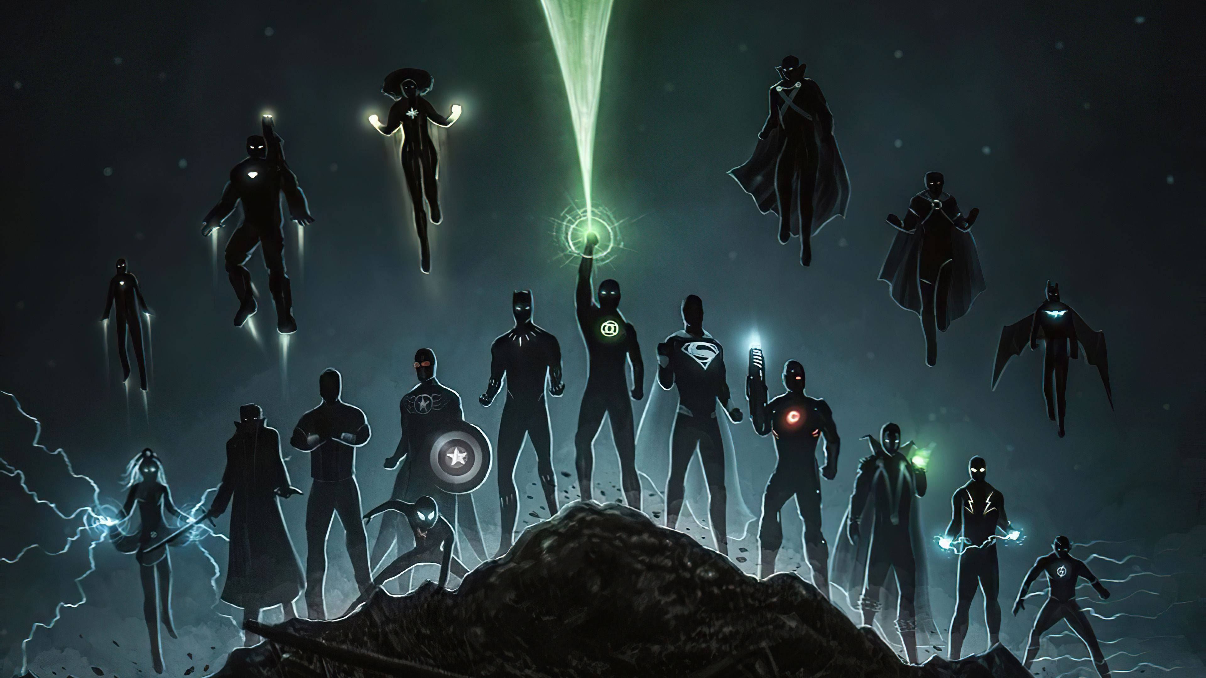 Silhouette DC Superheroes, rocky peak, green energy beam, 4K Desktop Wallpaper