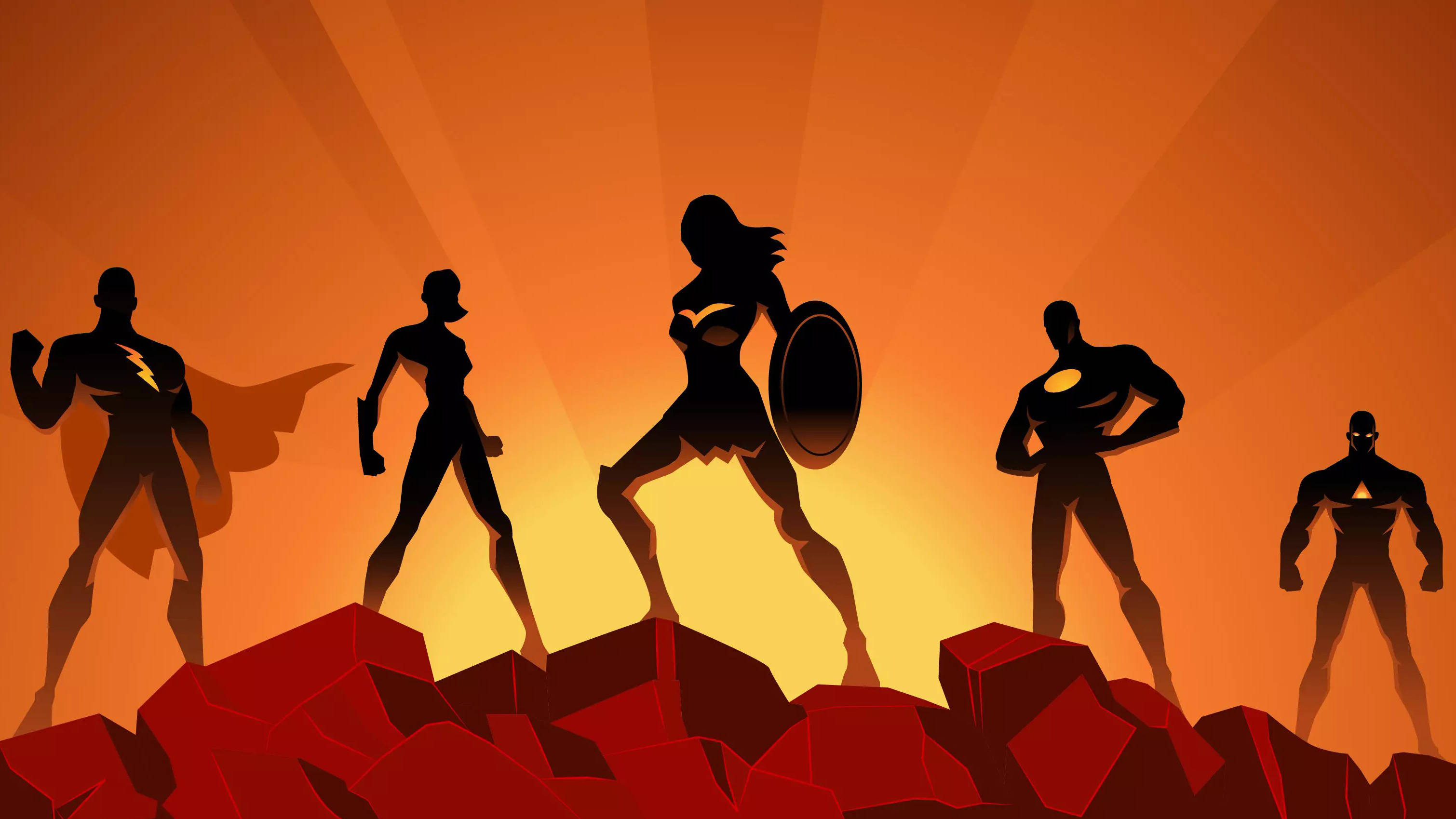 DC Superheroes, orange, cartoon silhouette, 2K Desktop Wallpaper
