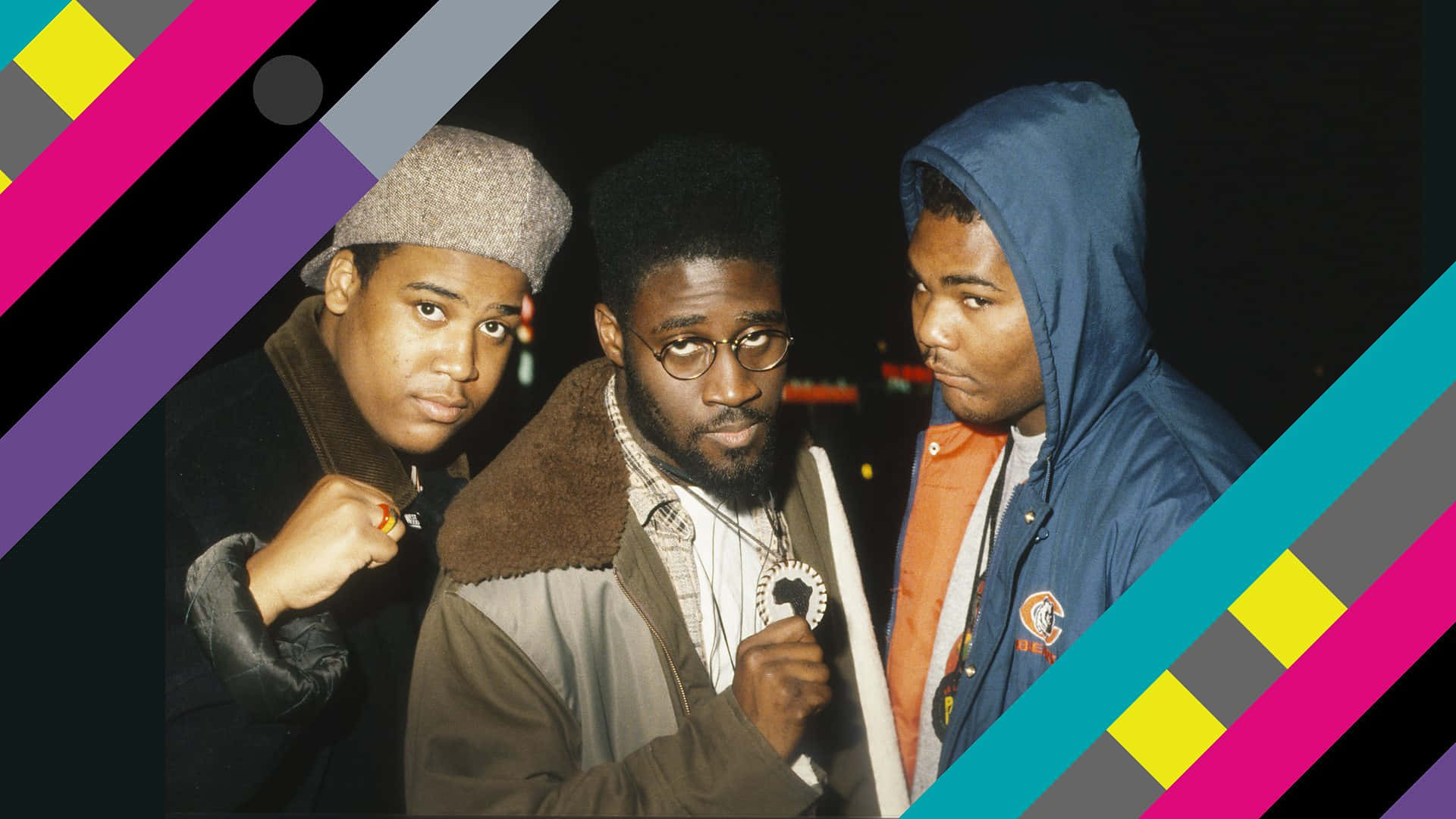 De La Soul, 80s streetwear, vibrant geometric background, Full HD Desktop Wallpaper
