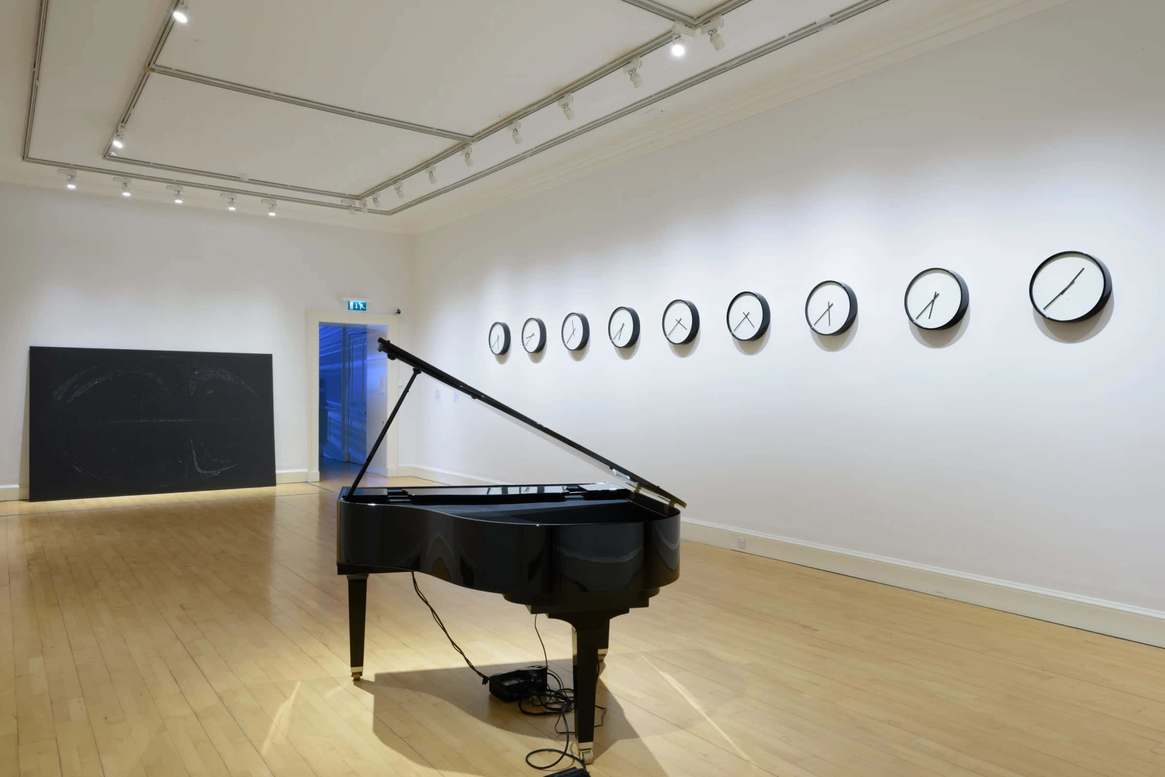 sleek black grand piano, minimalist gallery, row of minimalist clocks, Full HD Desktop Wallpaper