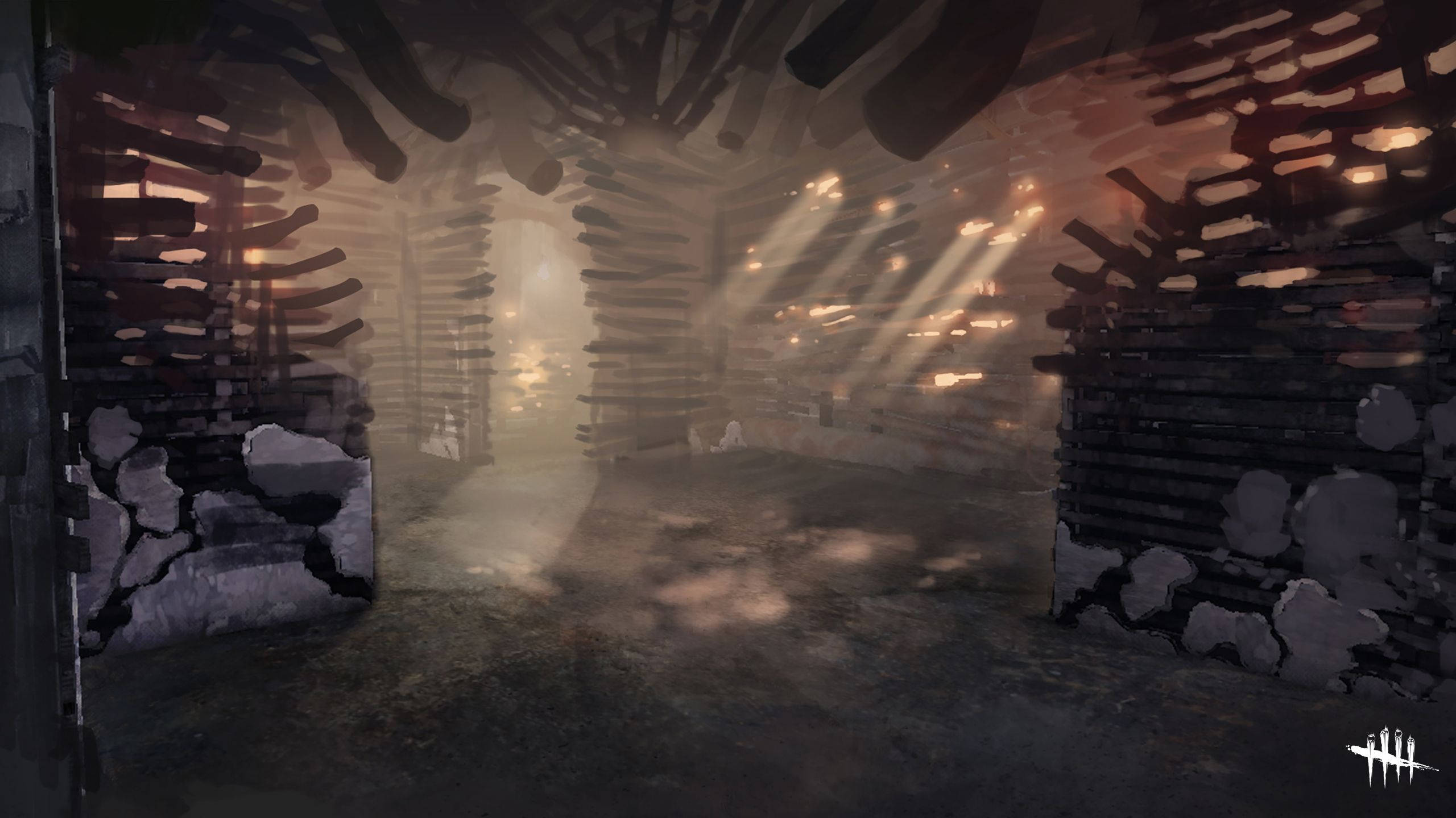 Dead by Daylight, wooden cabin ruins, sunlight beams, 2K Desktop Wallpaper