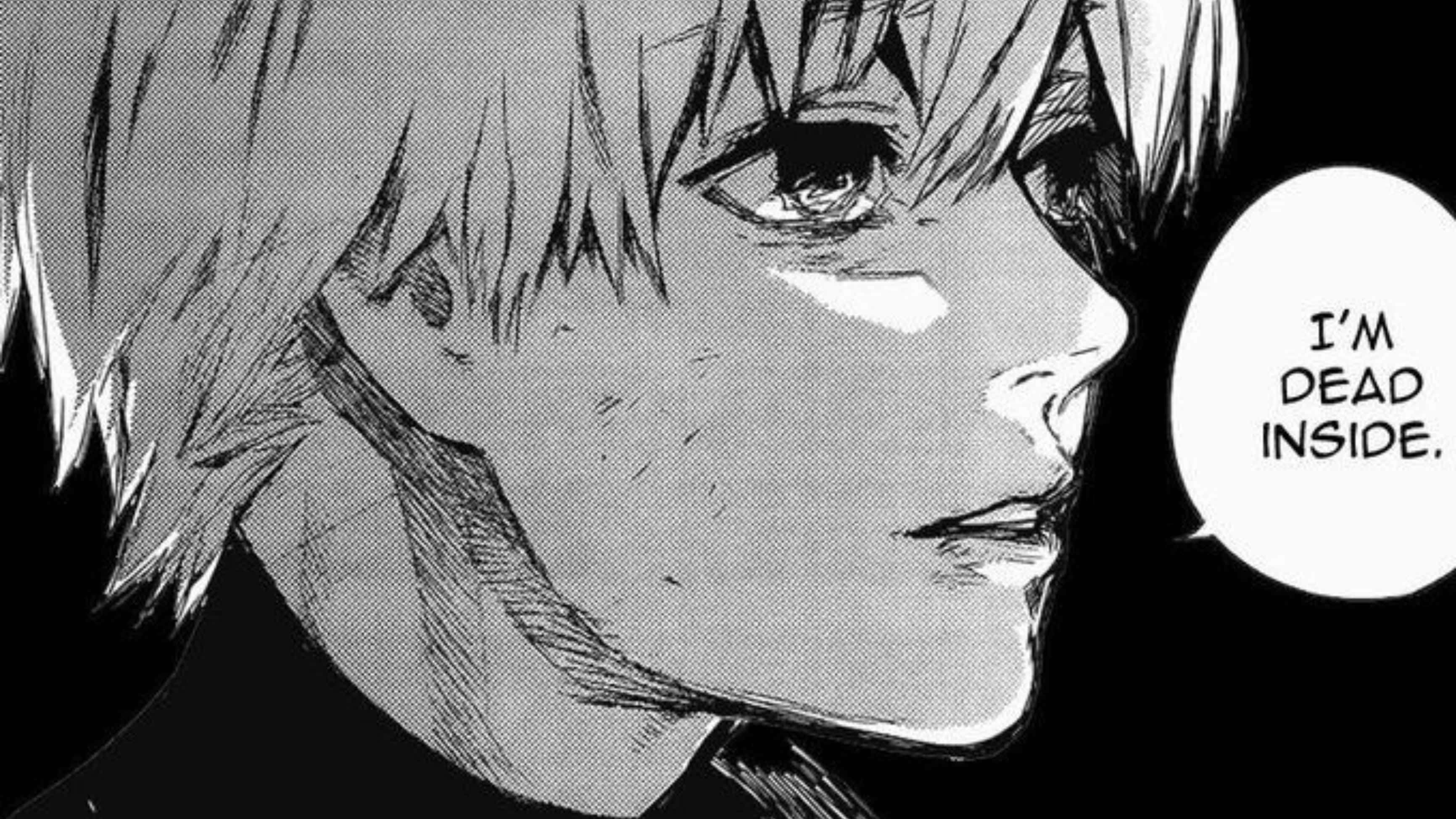 Dead Inside, black and white manga panel, young person with short hair, 2K Desktop Wallpaper