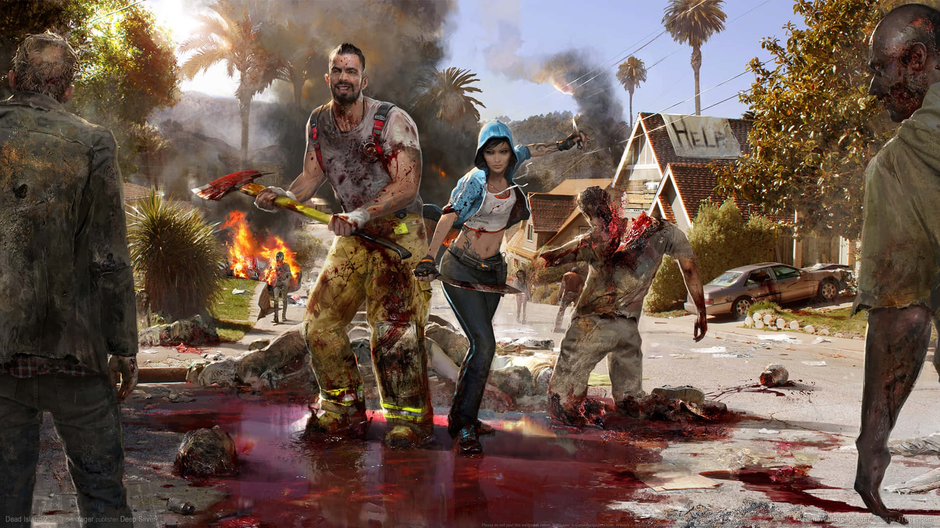 Dead Island 2, zombie apocalypse, suburban street, Full HD Desktop Wallpaper