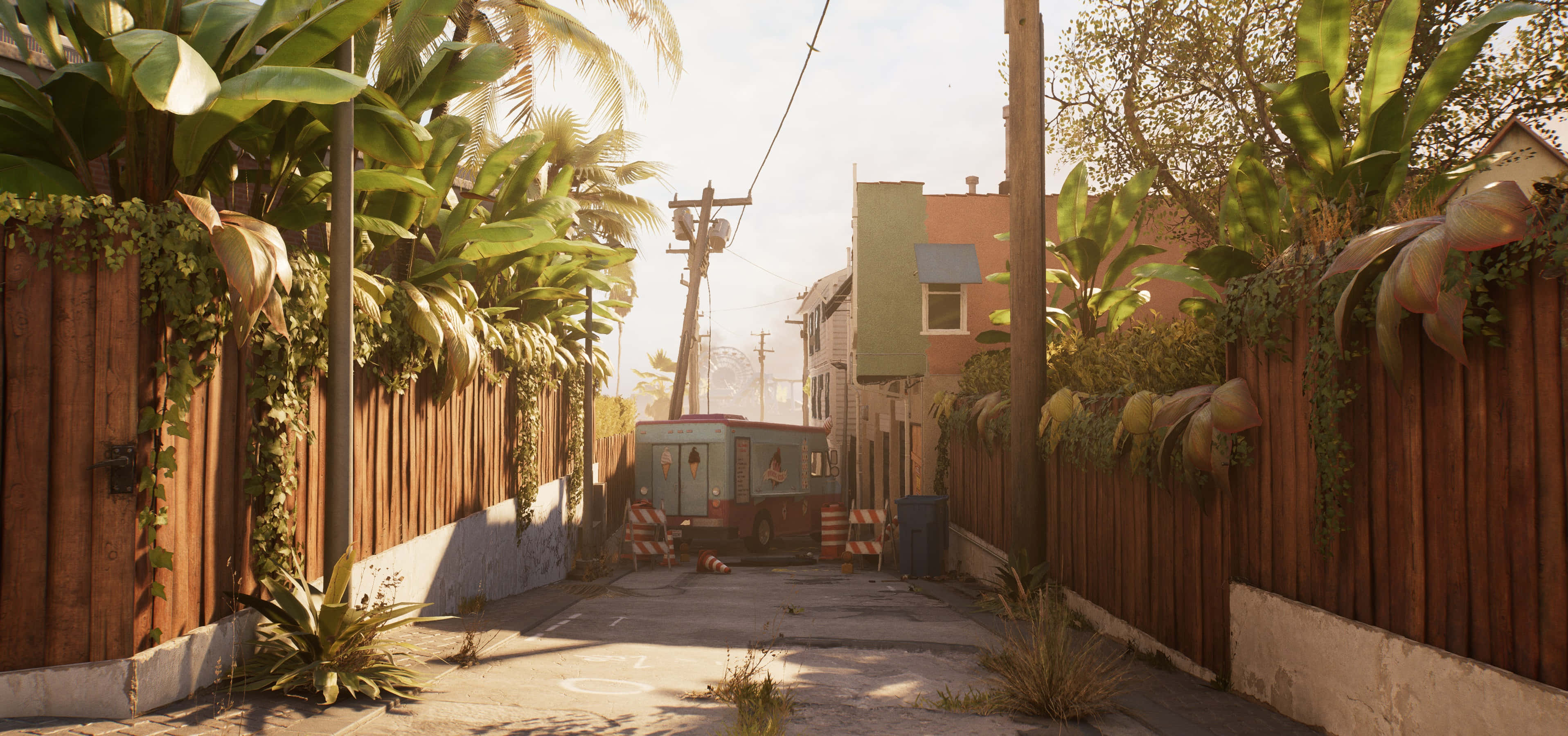 Dead Island 2, deserted street, sunlit alleyway, 2K Desktop Wallpaper