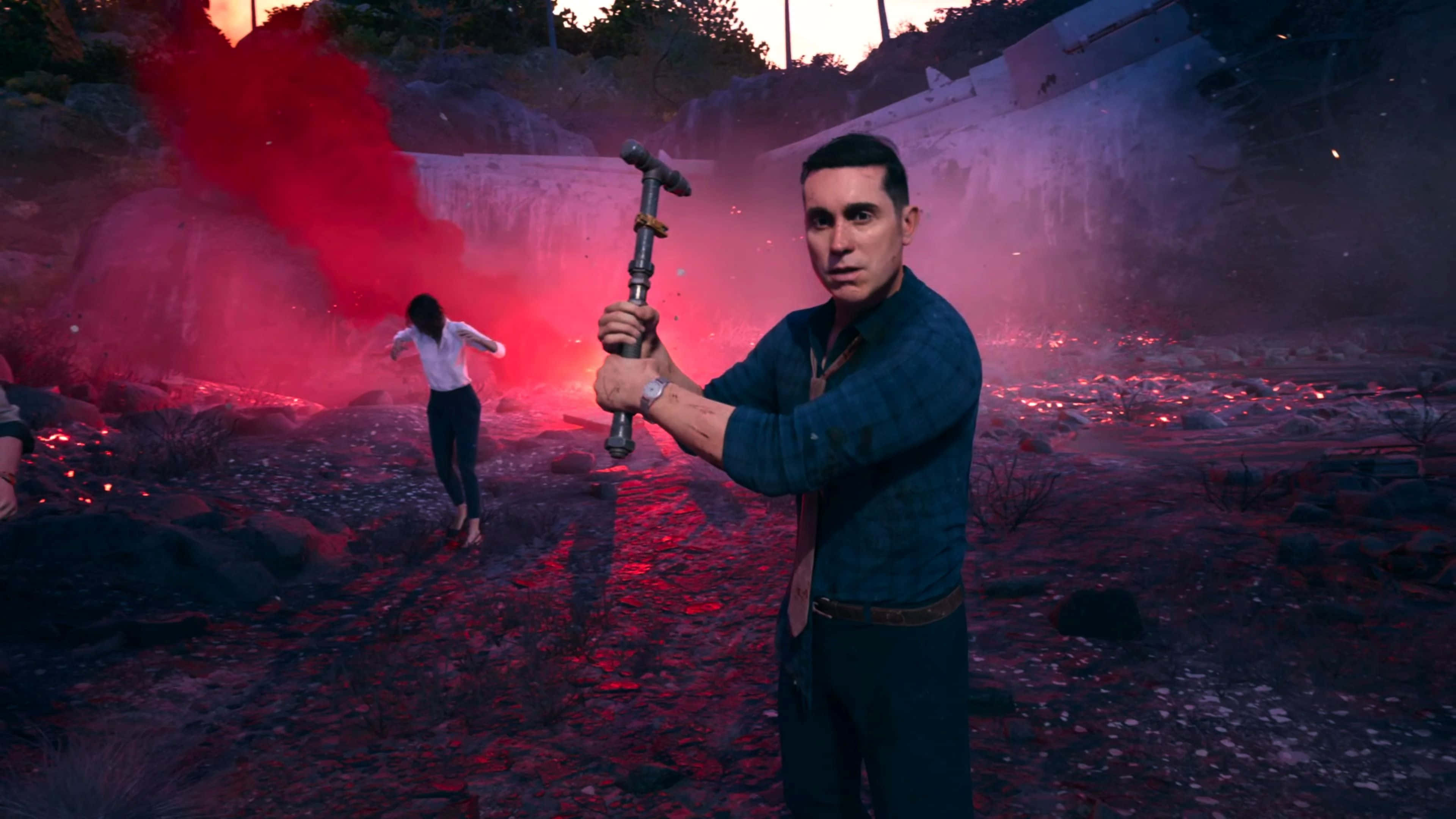 Dead Island 2, zombie combat scene, fiery red smoke, 4K Desktop Wallpaper