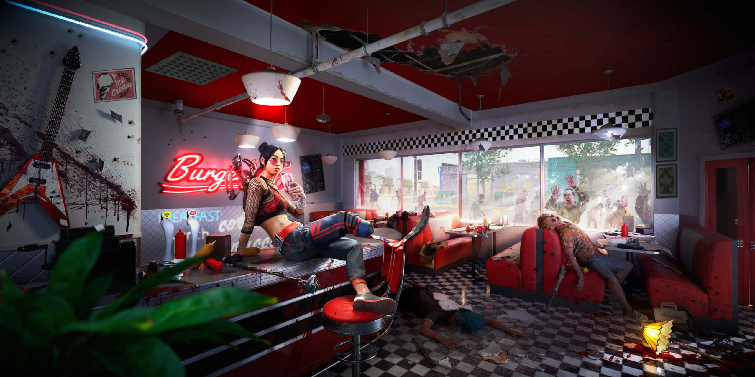 Dead Island 2, zombie outbreak, diner, 2K Desktop Wallpaper