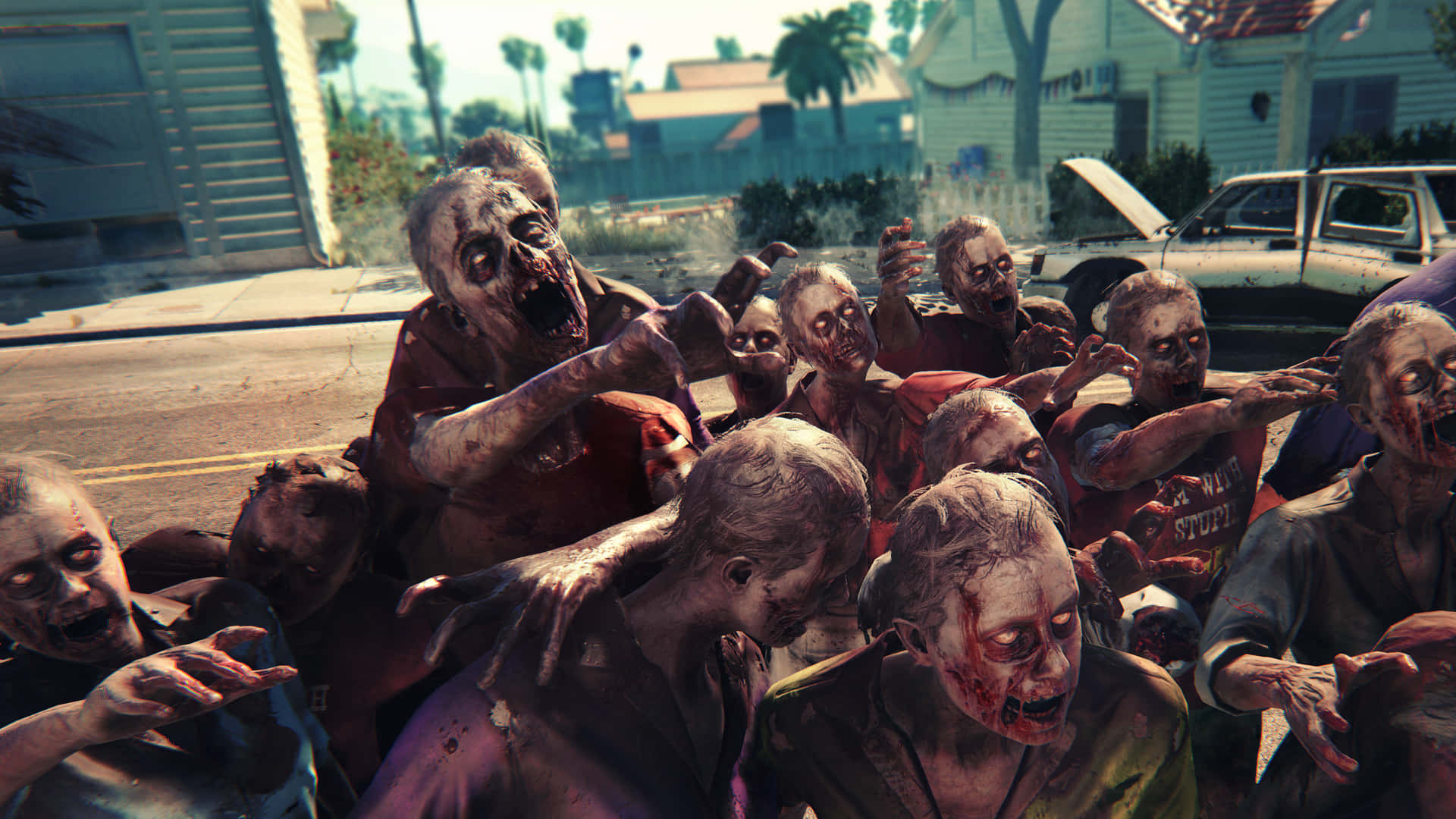 Dead Island 2, zombie horde, sunlit suburban street, Full HD Desktop Wallpaper