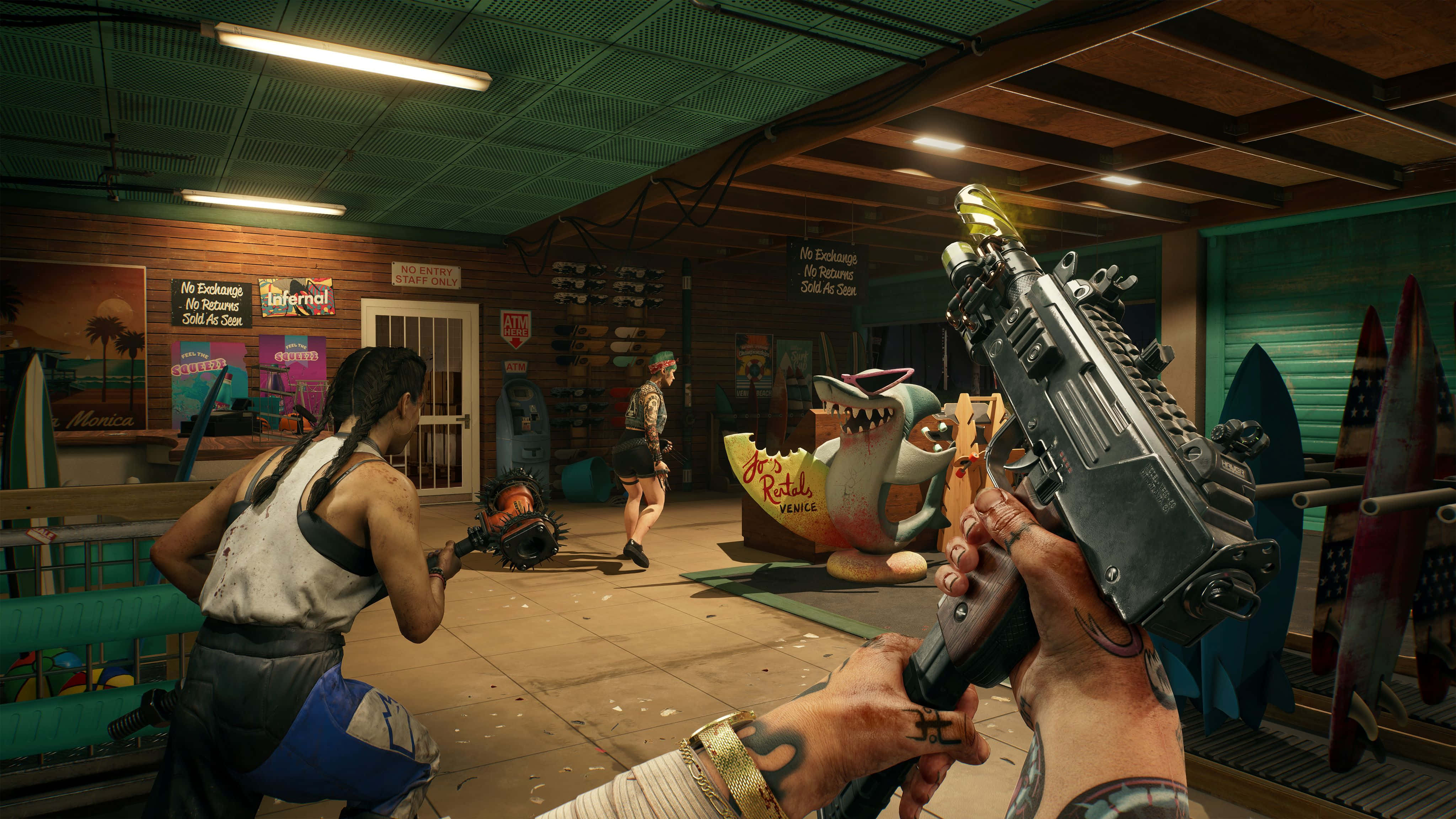 Dead Island 2, chainsaw gun, surf shop, 4K Desktop Wallpaper