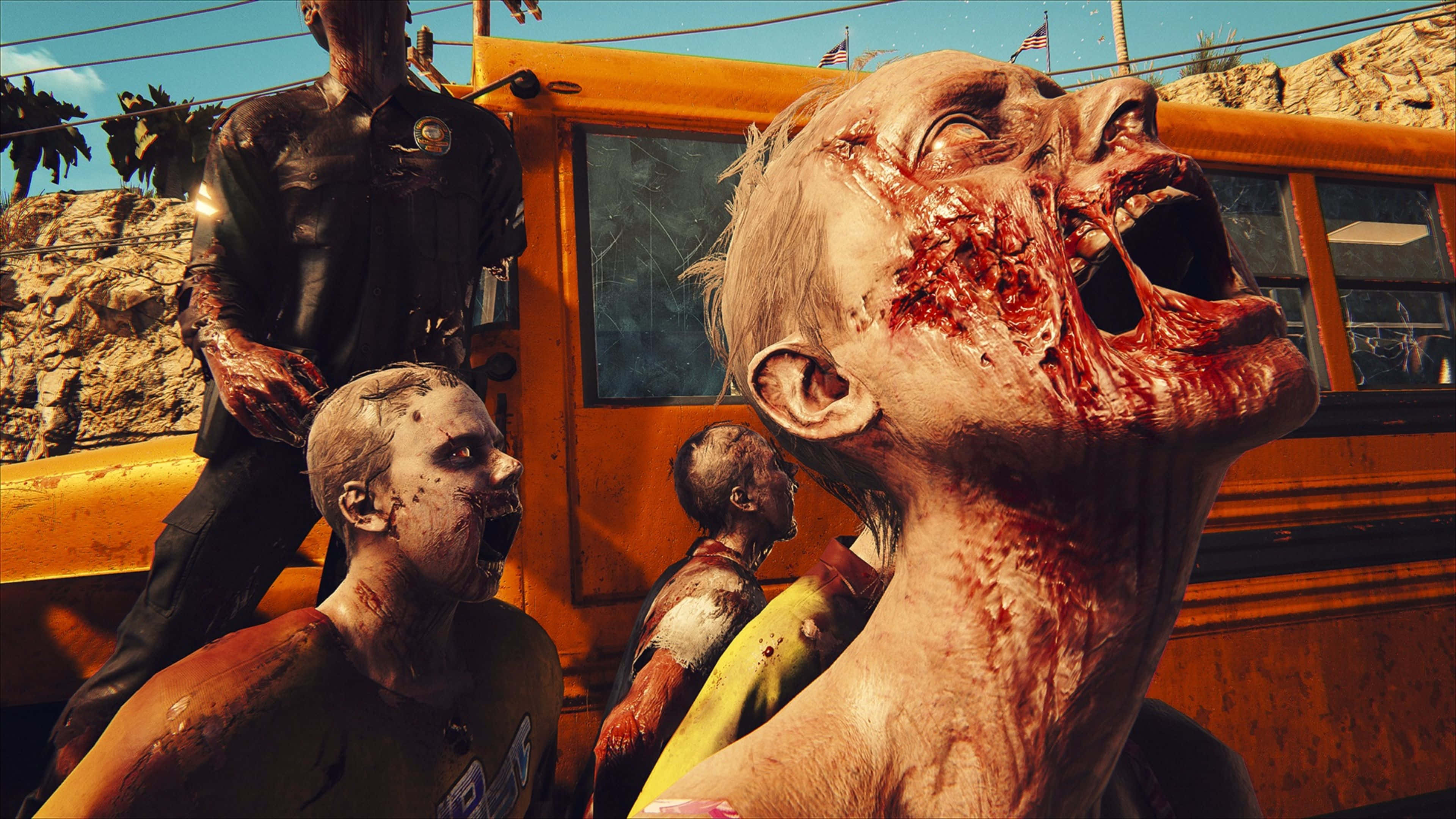Dead Island 2, zombie horde, school bus, 4K Desktop Wallpaper