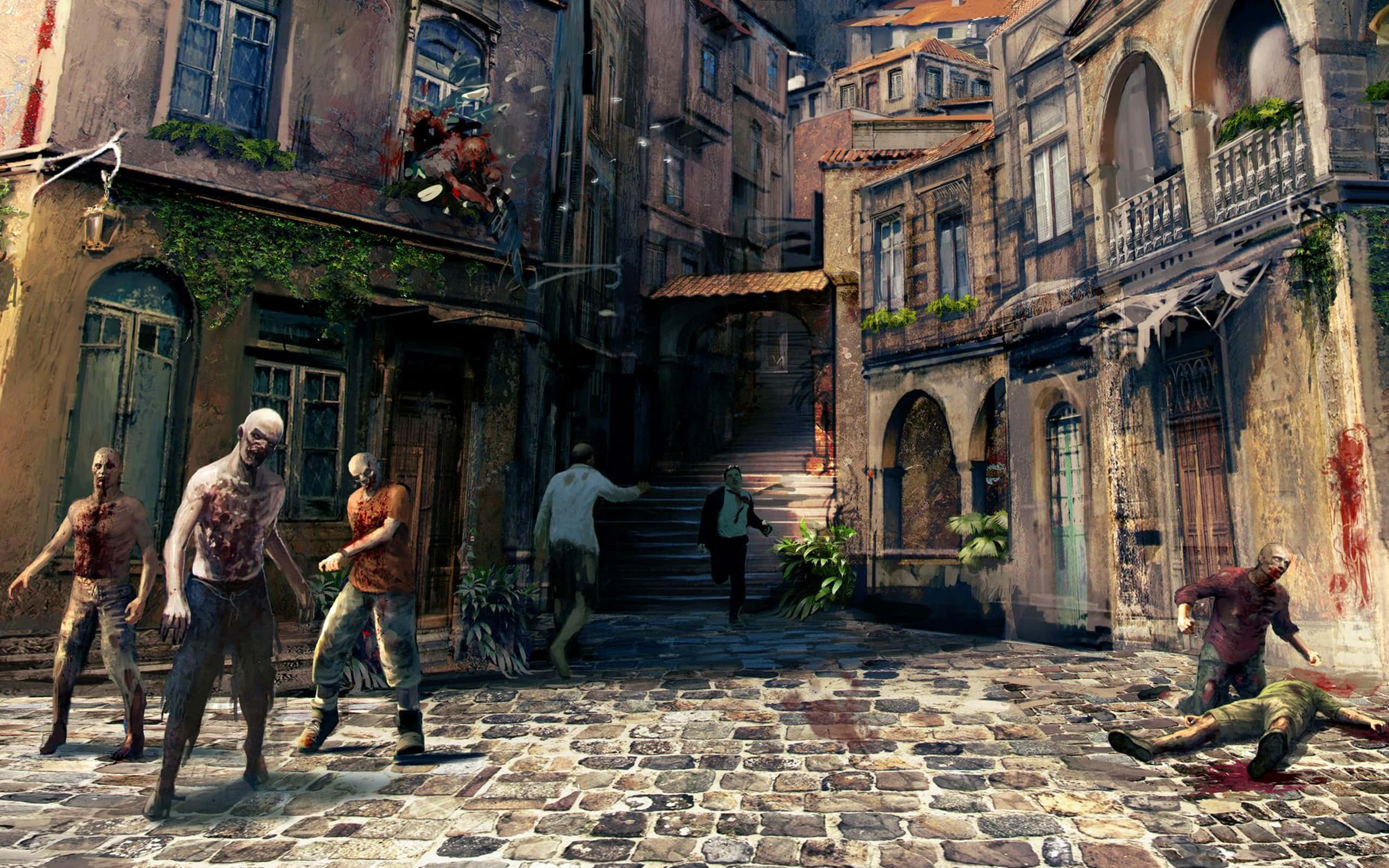 Dead Island 2, zombie infested street, cobblestone European alleyway, 2K Desktop Wallpaper