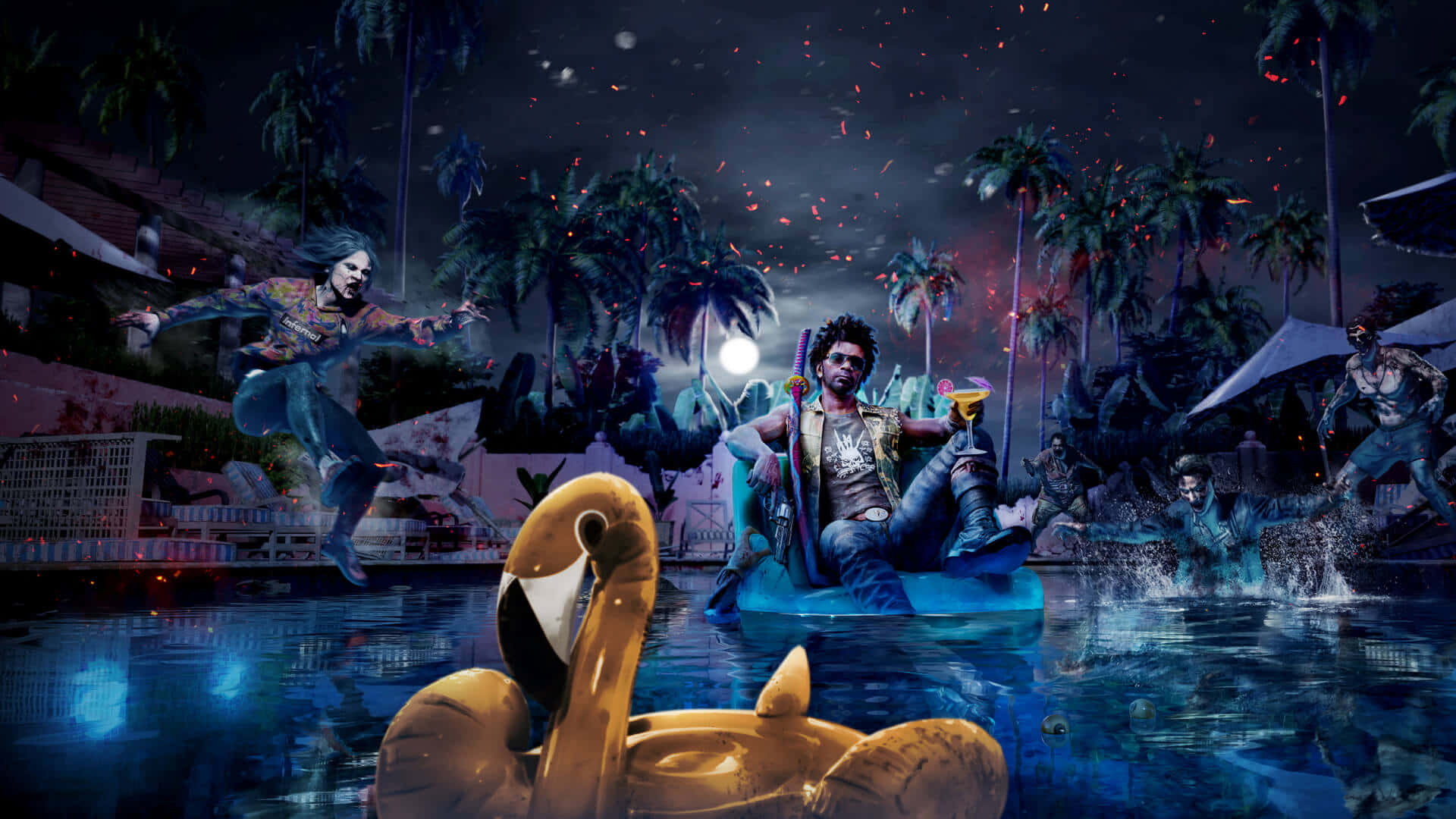 Dead Island 2, zombie pool party, night, Full HD Desktop Wallpaper