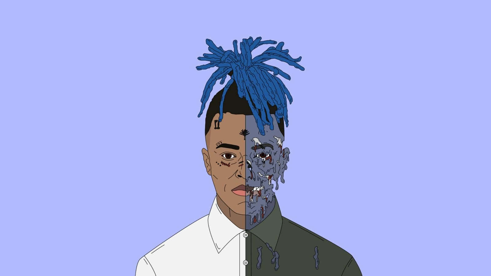 blue dreadlocks, half-normal half-zombie, solid lavender background, HD Desktop Wallpaper