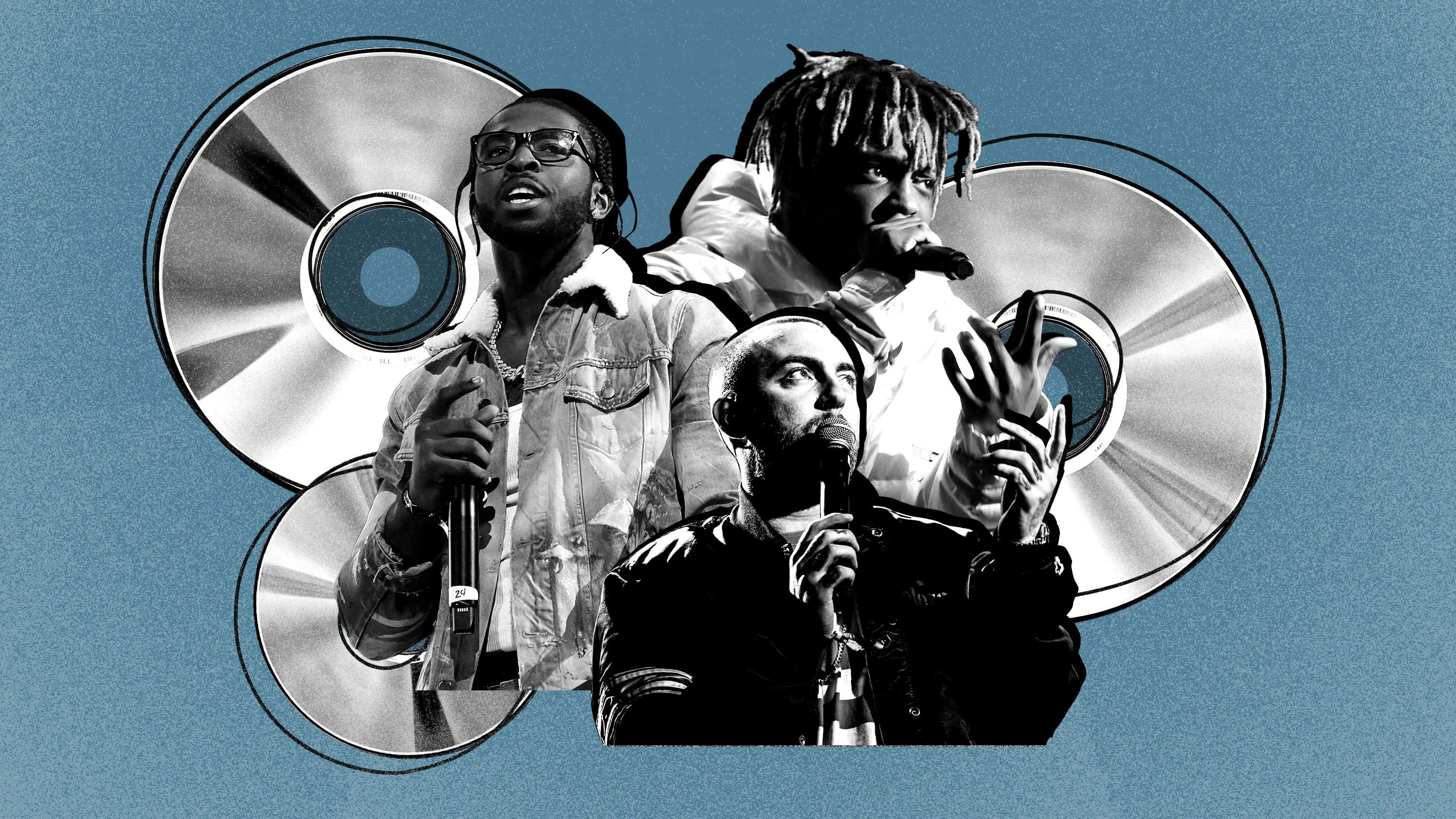 posthumous rappers, silver CD graphics, teal background, 2K Desktop Wallpaper