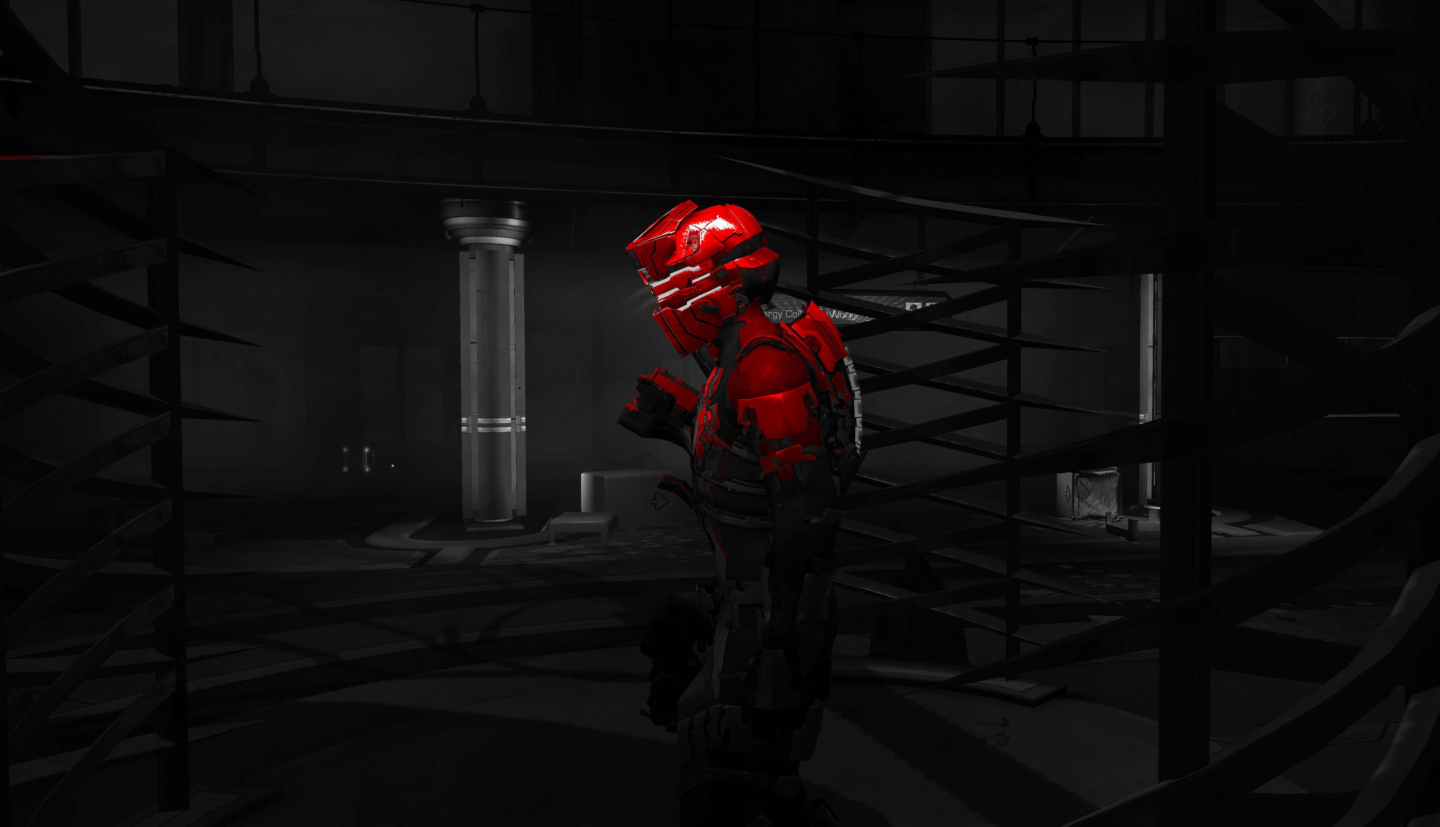 Dead Space 4K, red armored figure, dark industrial ruin, 4K Desktop Wallpaper