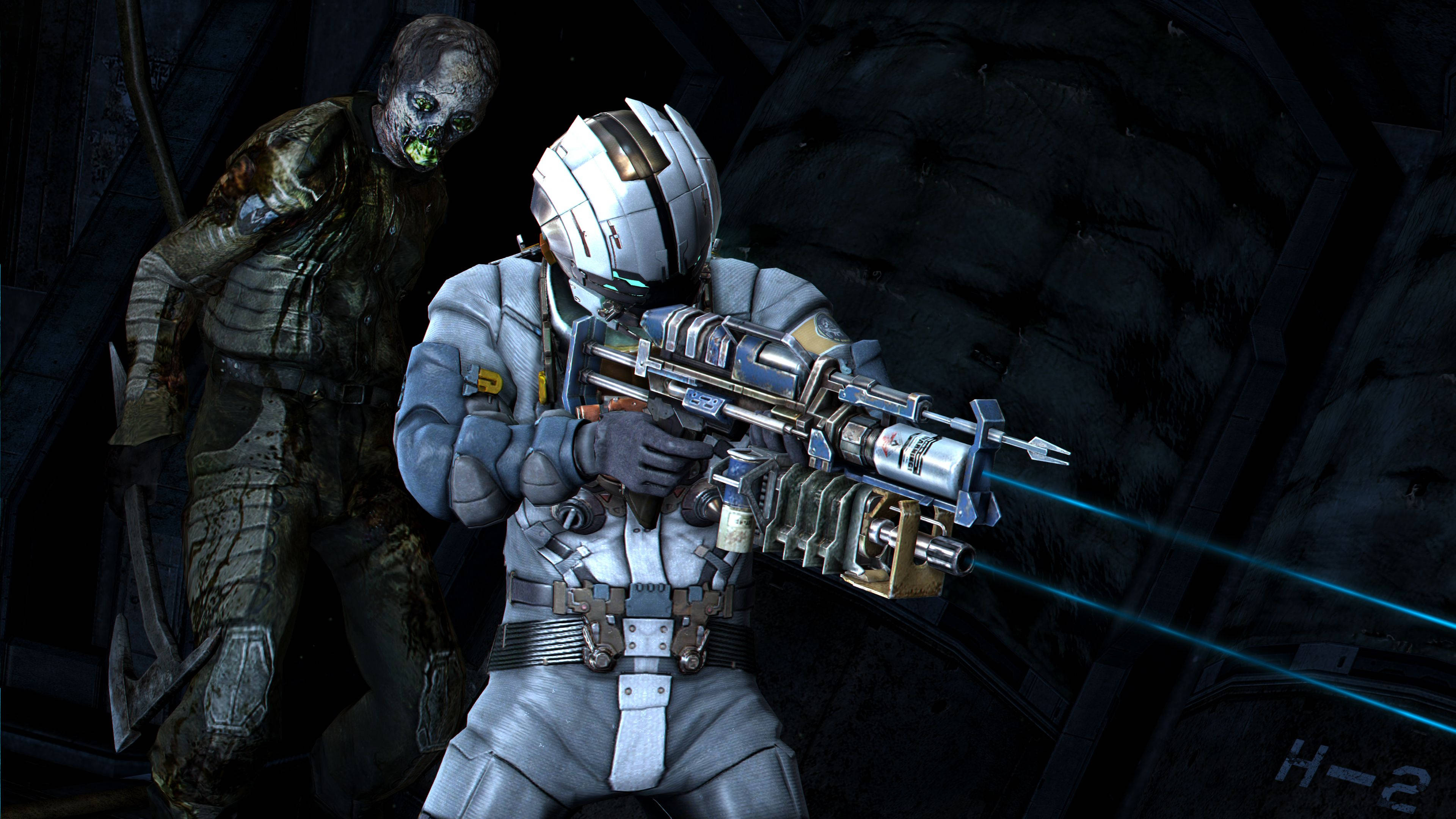 Dead Space 3, futuristic armor, glowing blue weapon, 4K Desktop Wallpaper