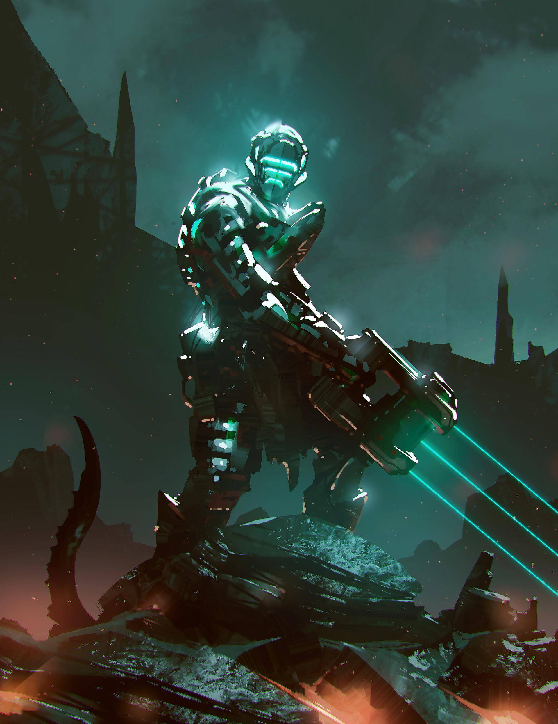 Dead Space, glowing green lasers, armored warrior, Full HD Phone Wallpaper