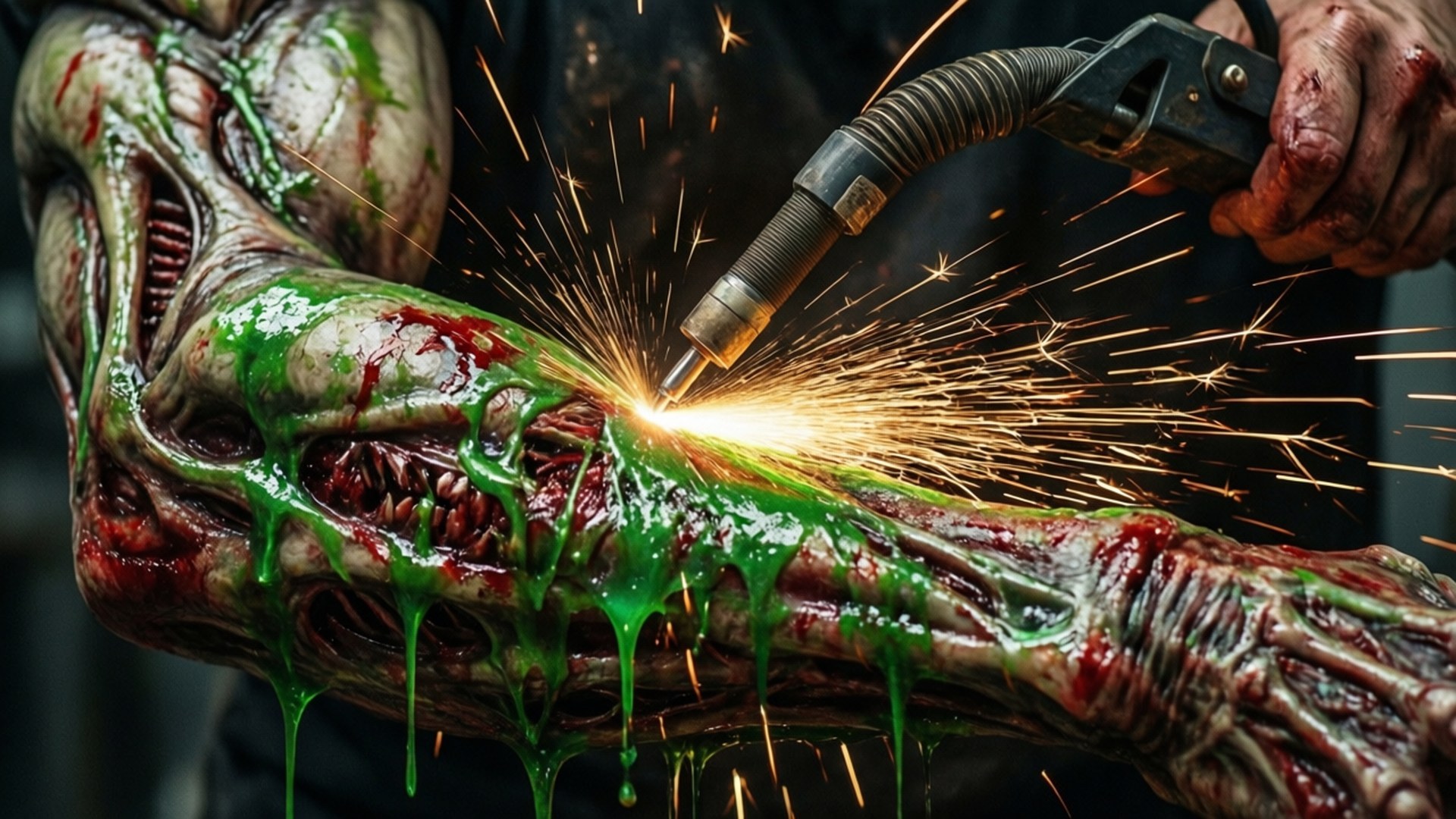 plasma cutter, alien arm, green slime, Full HD Desktop Wallpaper