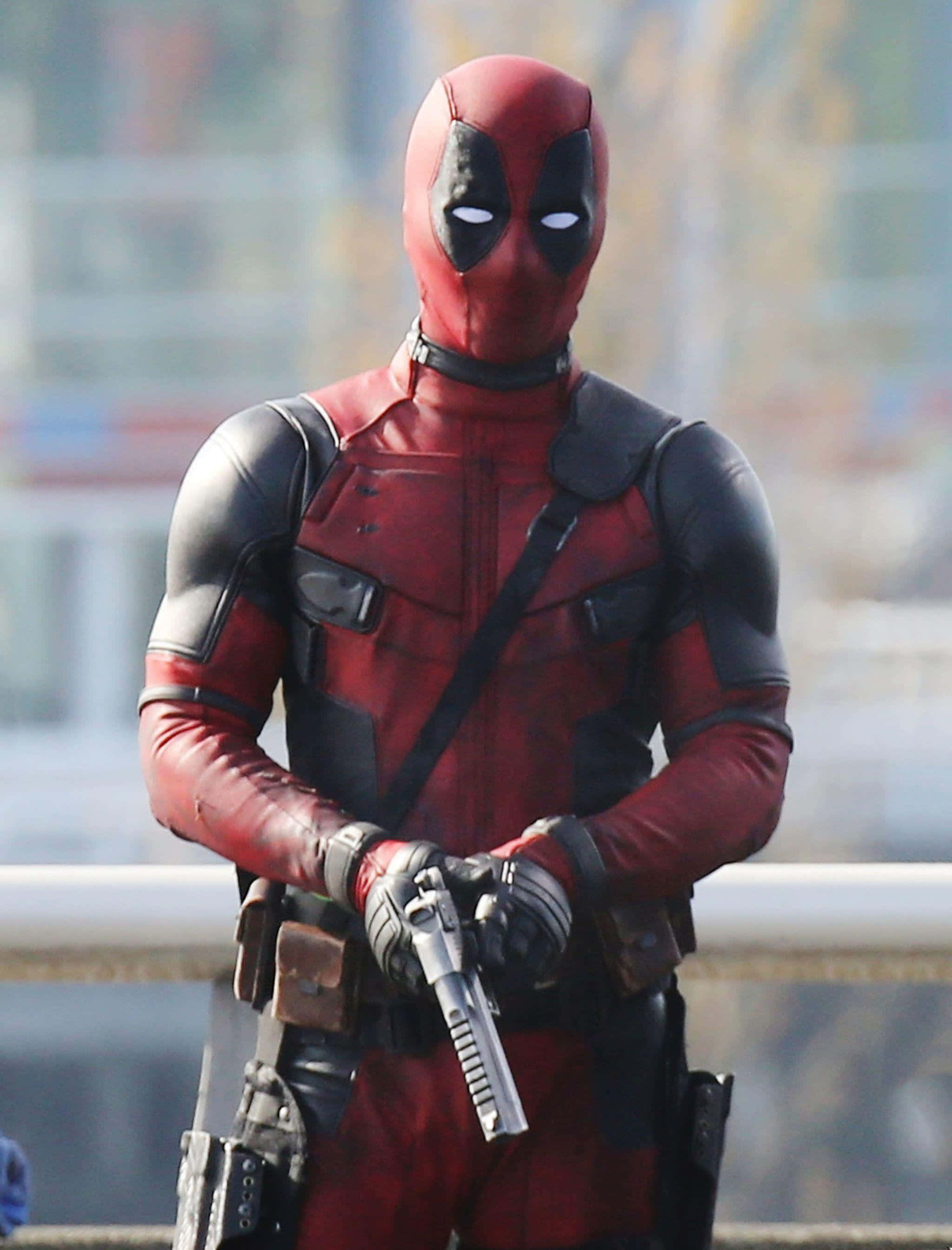 Deadpool 2, red and black suit, gun, 2K Phone Wallpaper
