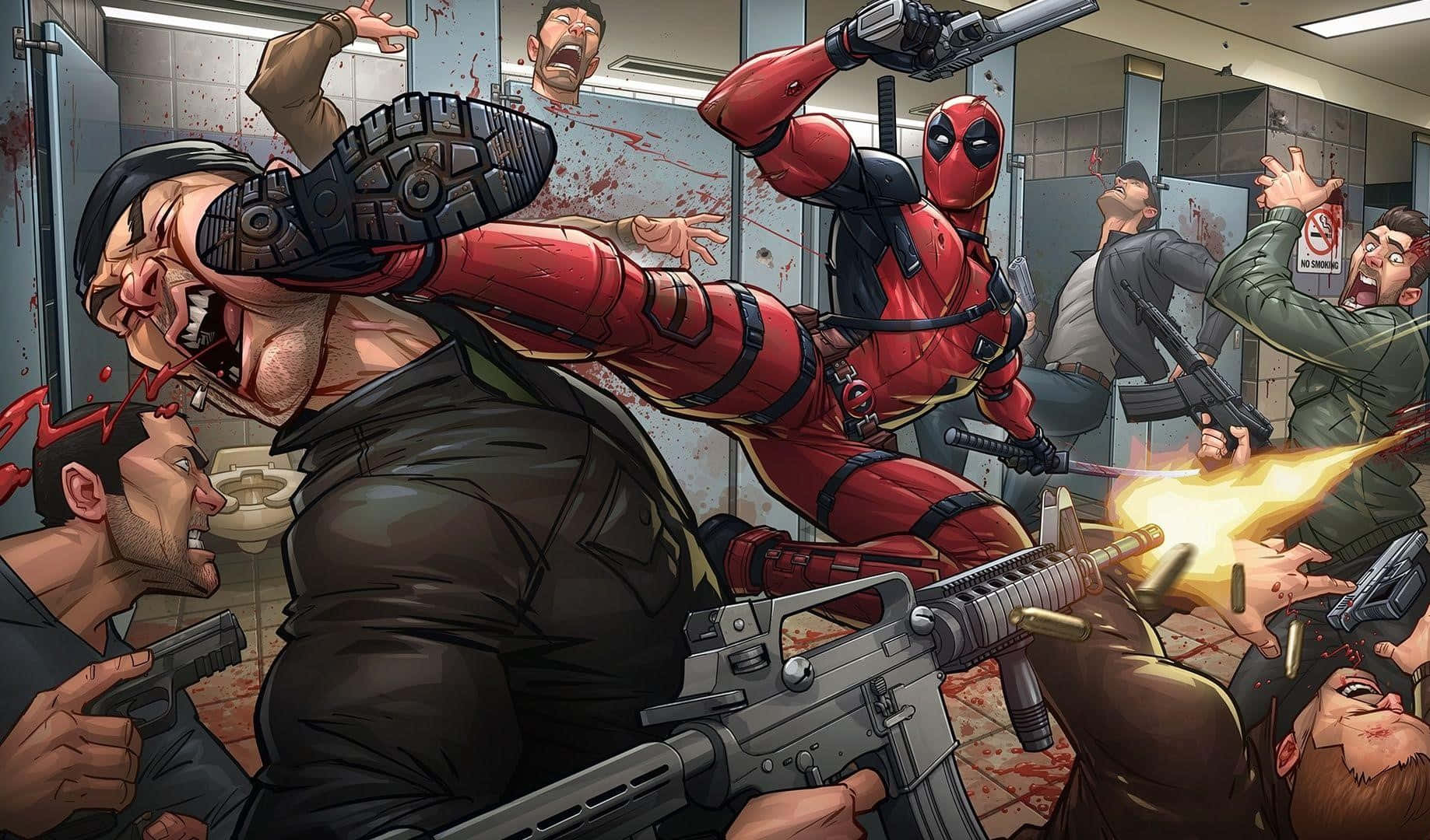 Deadpool 2, red suit, bathroom stall, HD Desktop Wallpaper