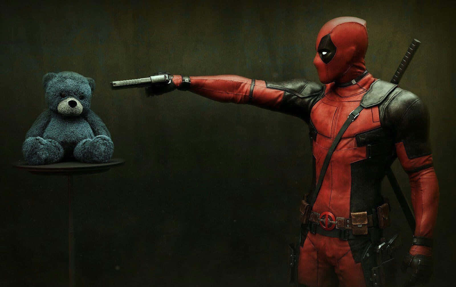Deadpool 2, red and black suit, blue teddy bear, HD Desktop Wallpaper
