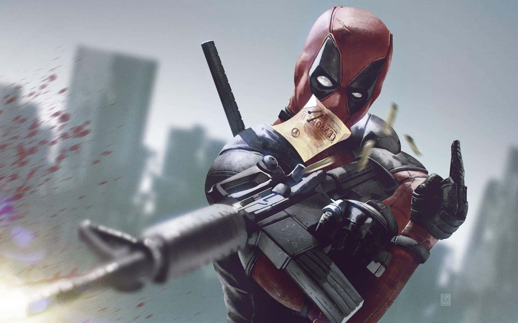 Deadpool 2, red and black suit, rifle, HD Desktop Wallpaper