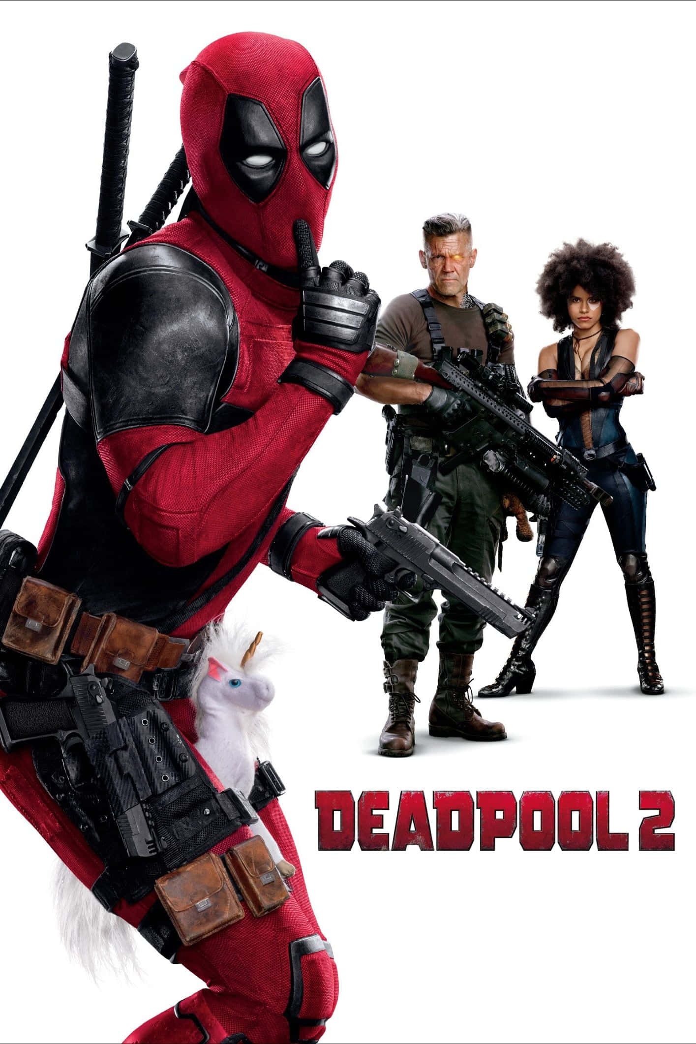 Deadpool 2, red and black suit, unicorn plushie, Full HD Phone Wallpaper